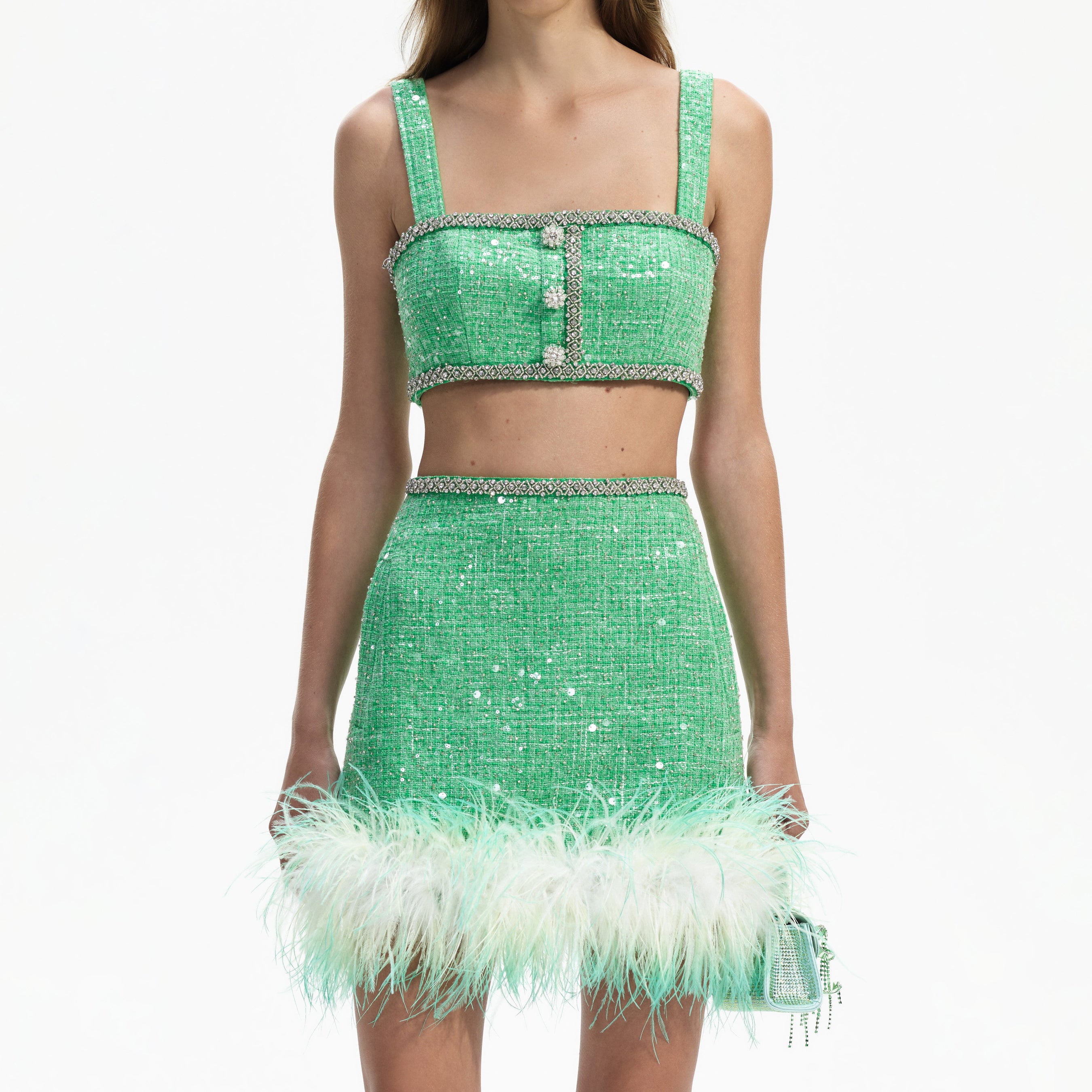 Green Boucle Feather Mini Skirt