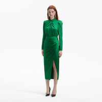 Green Satin High Neck Midi Dress