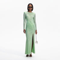 Green Rhinestone Mesh Maxi Dress