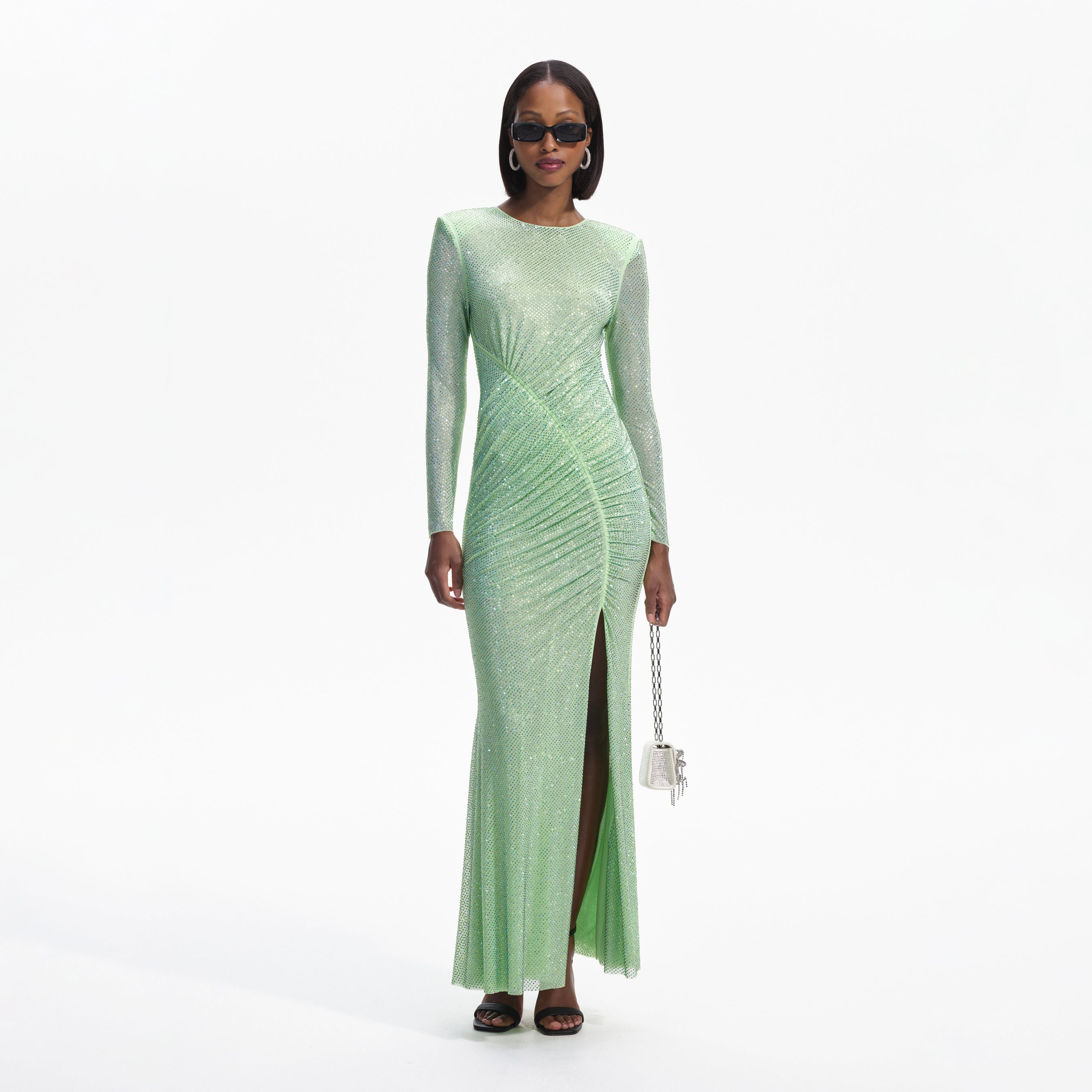 Green Rhinestone Mesh Maxi Dress