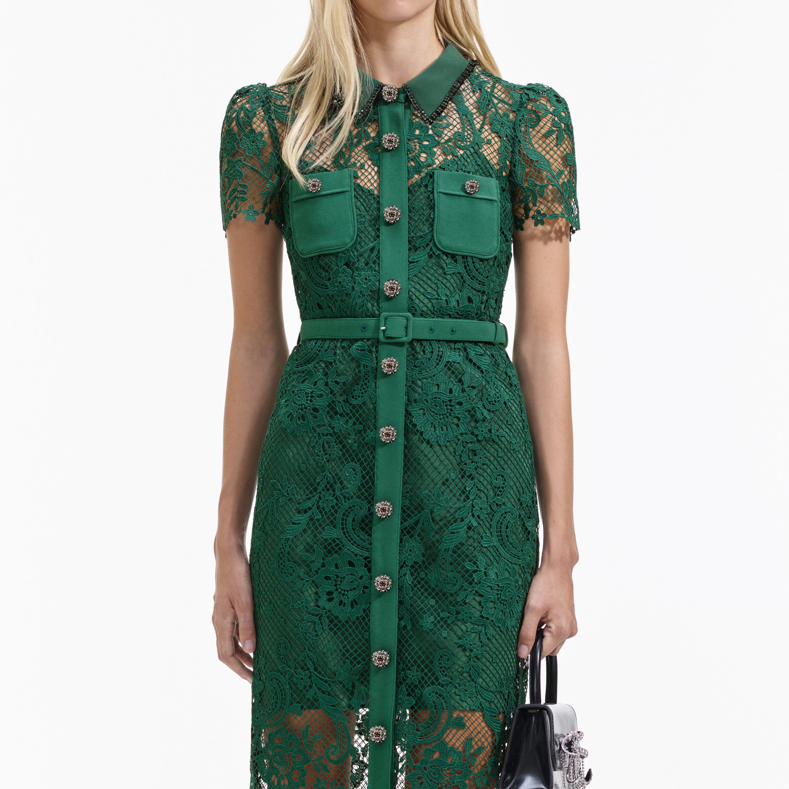 Green Lace Button Front Midi Dress