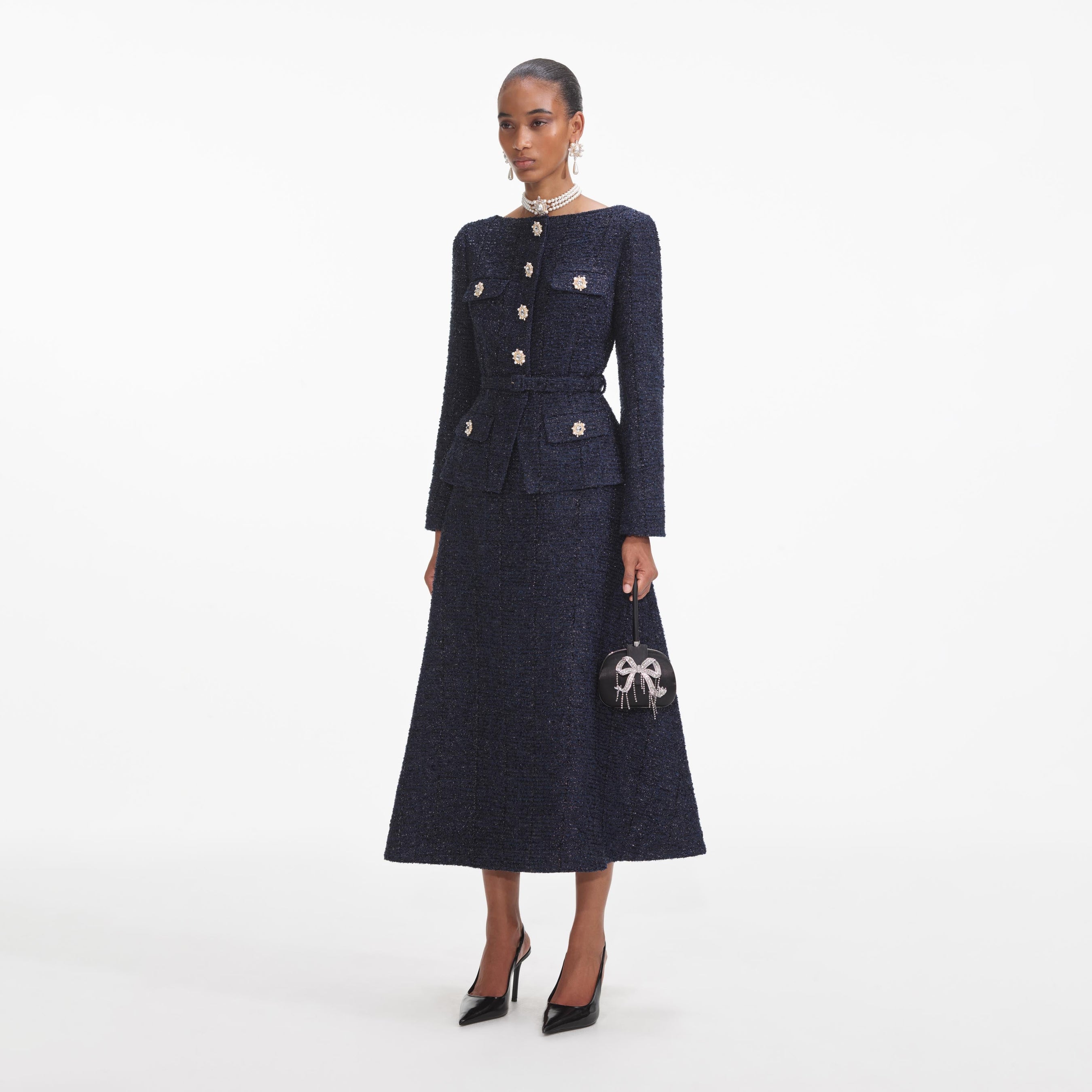 Navy Metallic Boucle Midi Dress