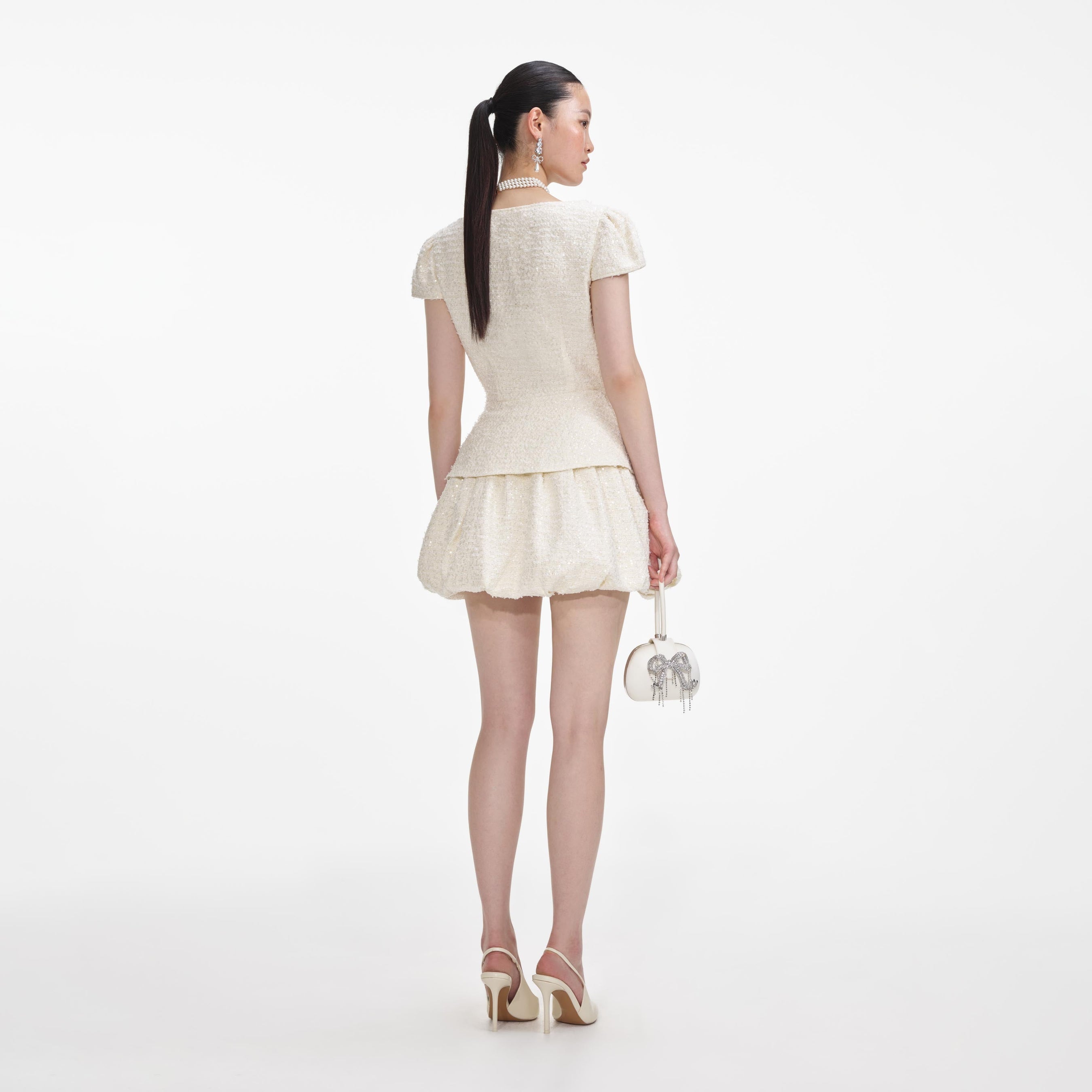 Cream Boucle Bow Detail Mini Dress