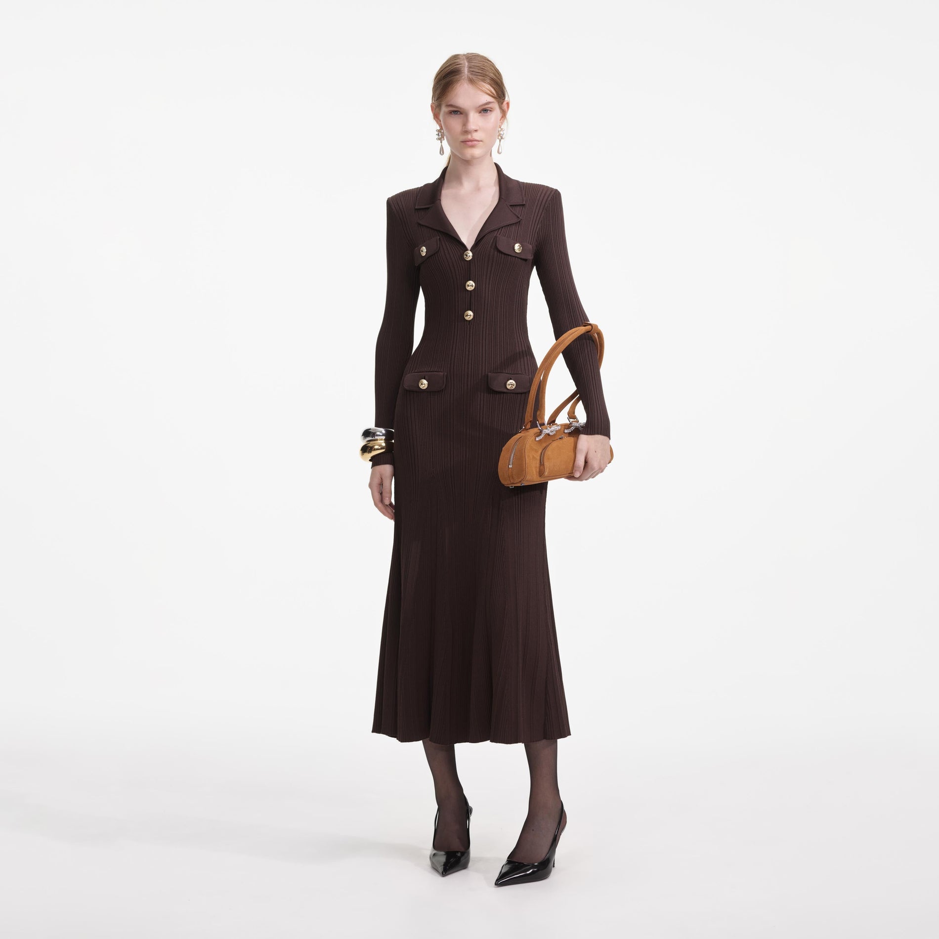 Front view of a woman wearing the Brown Viscose Rib Knit Midi Dress