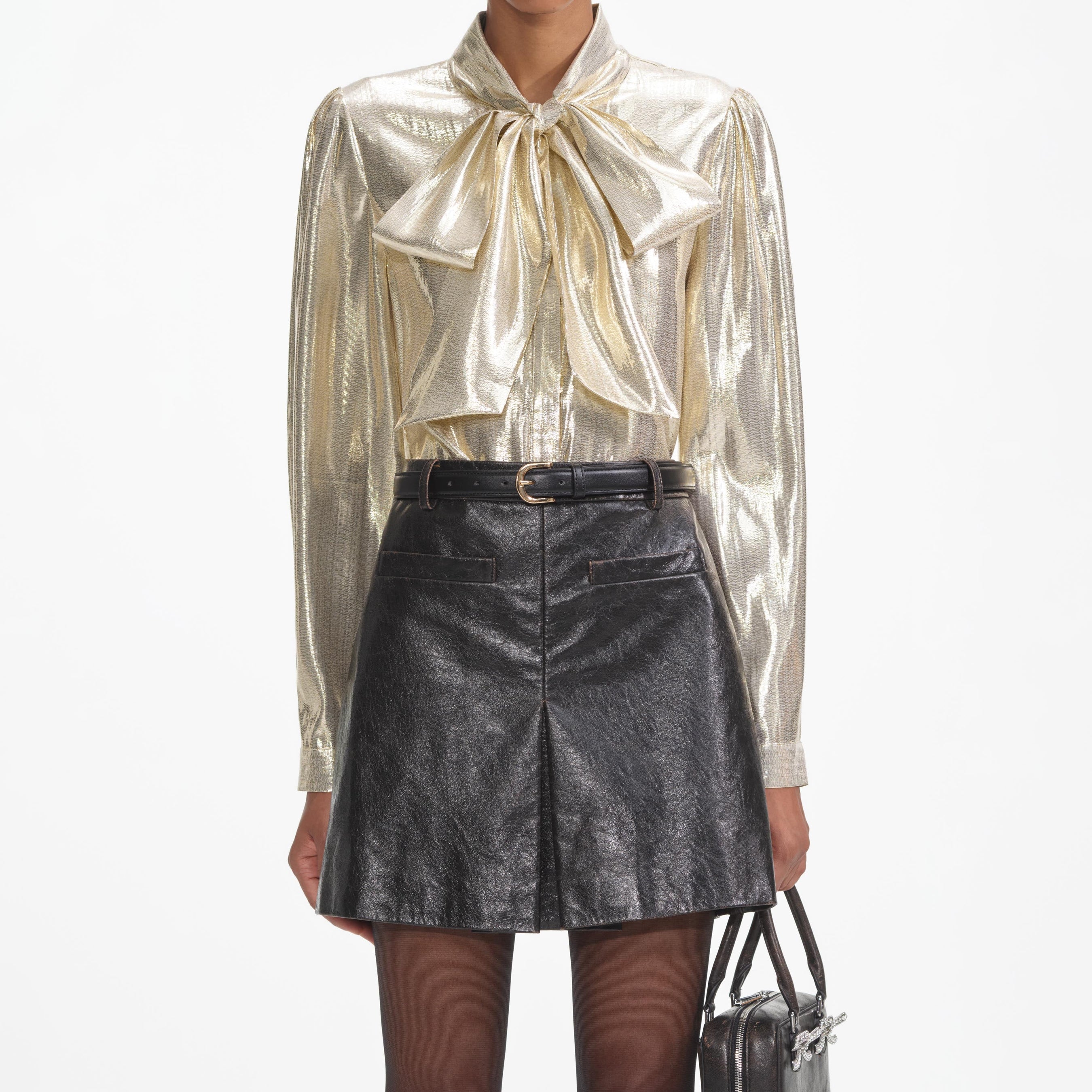 Gold Metallic Pussy Bow Blouse