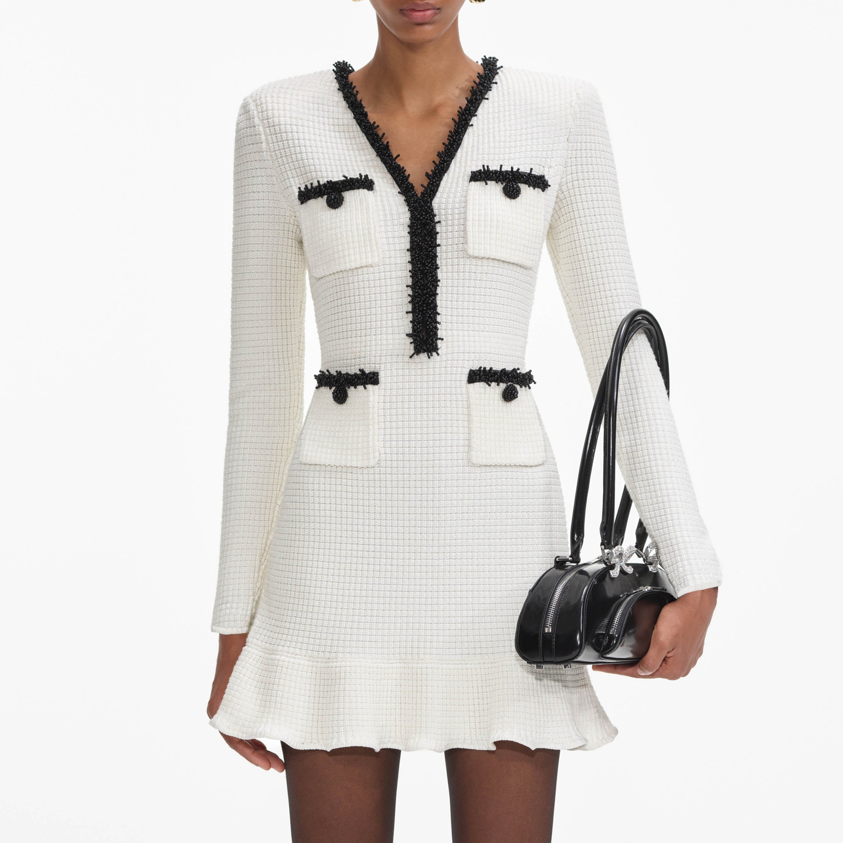 White Pearl Trim Knit Mini Dress