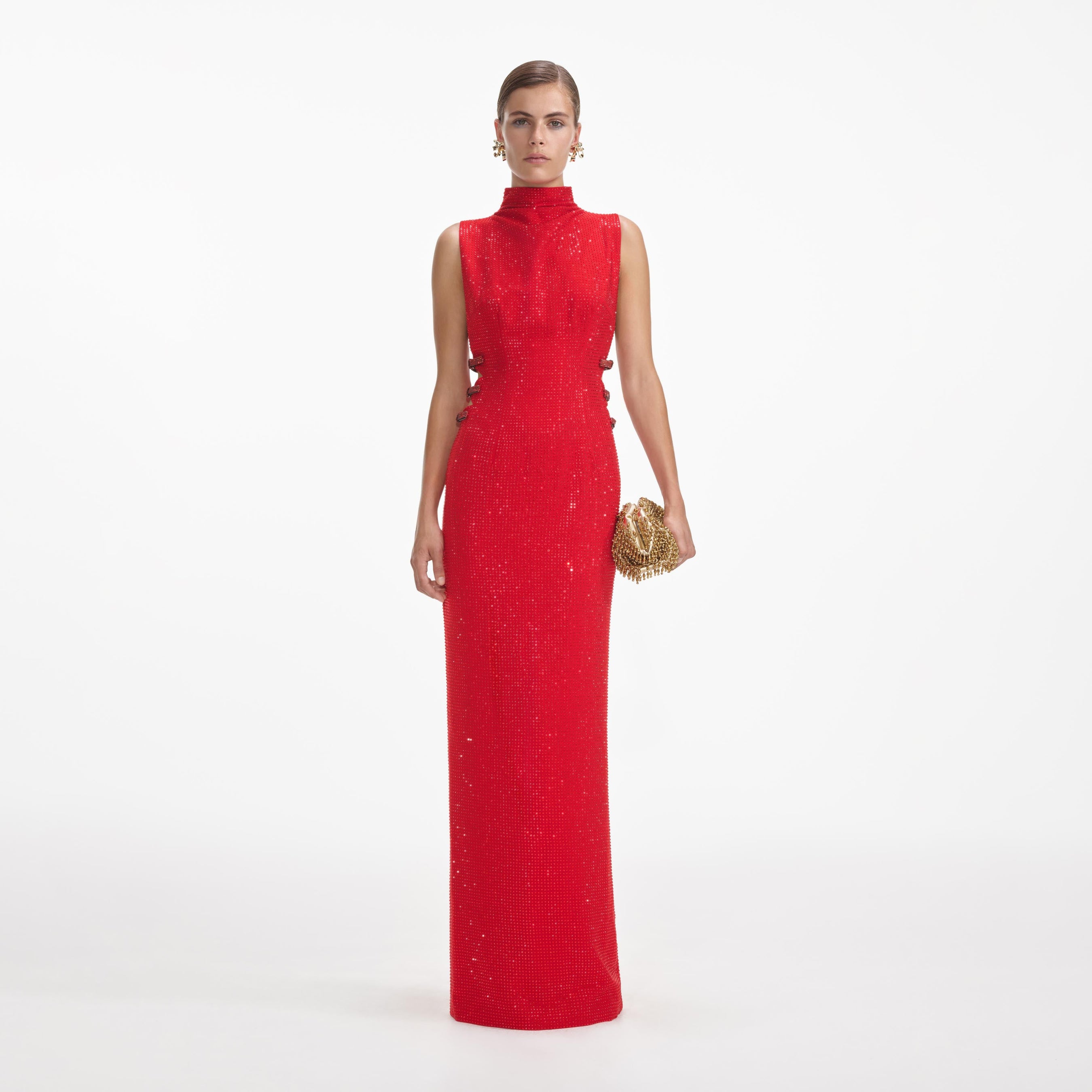 Red Rhinestone Crepe Maxi Dress