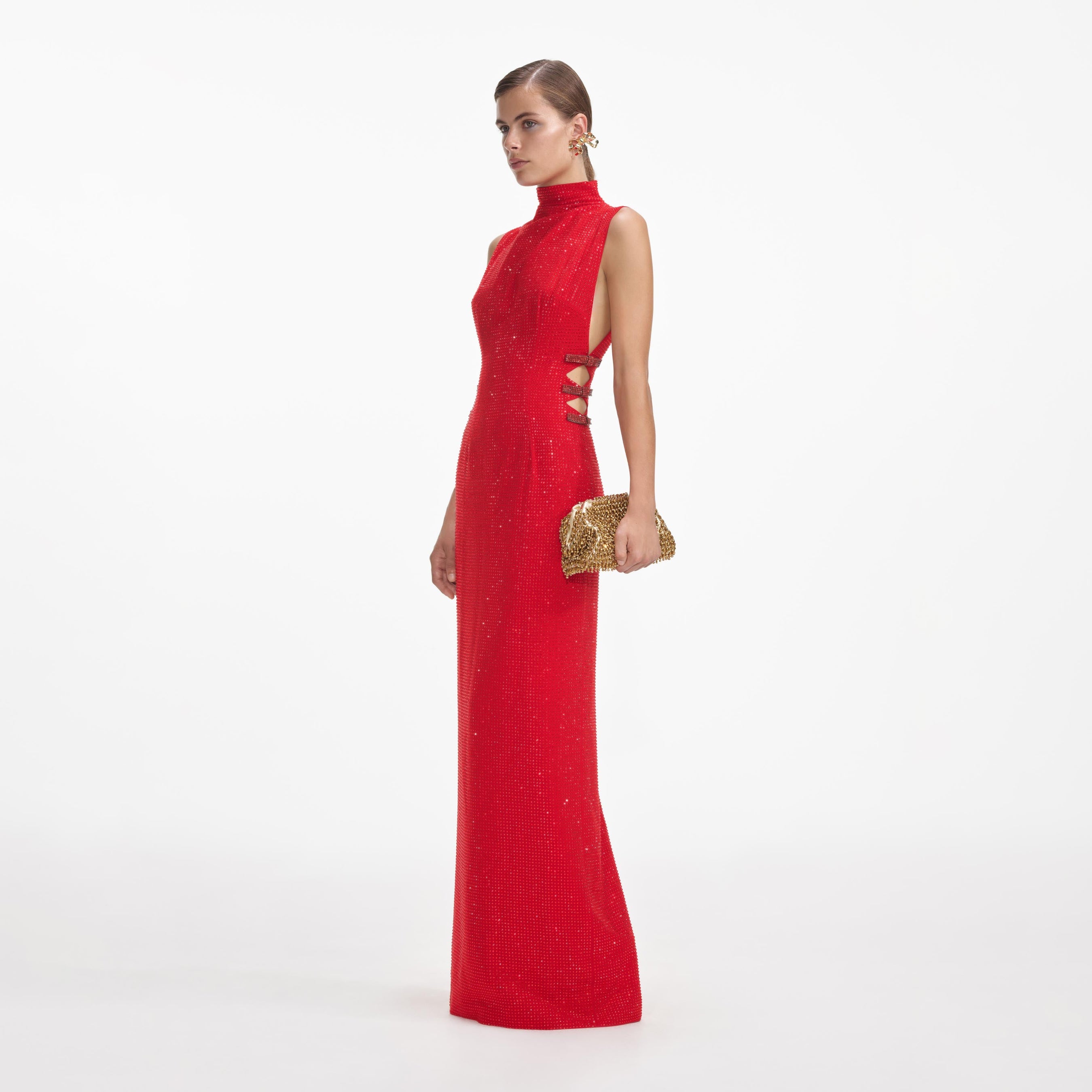 Red Rhinestone Crepe Maxi Dress