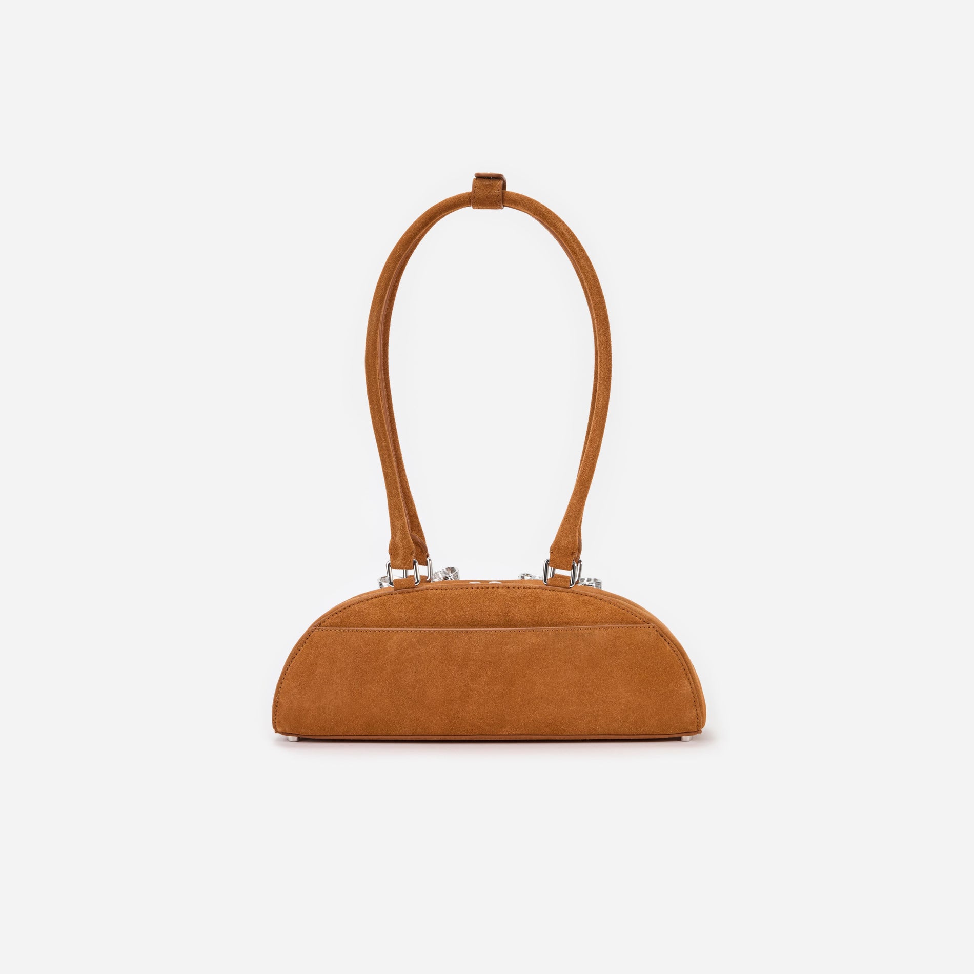 Back view of a woman wearing the Brown Suede Curved Shoulder Bag