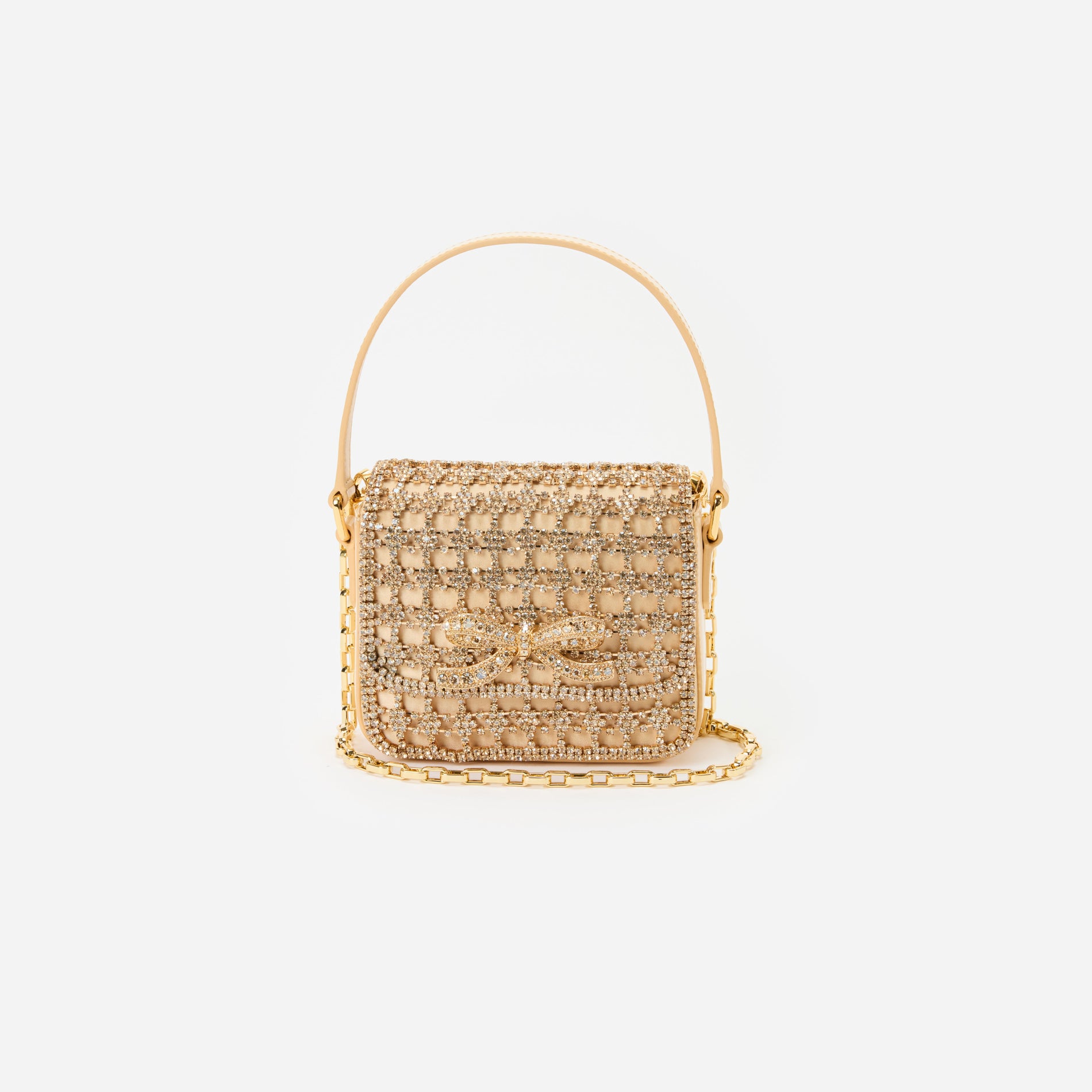 A close up of a woman wearing the Gold Crystal Micro Bag