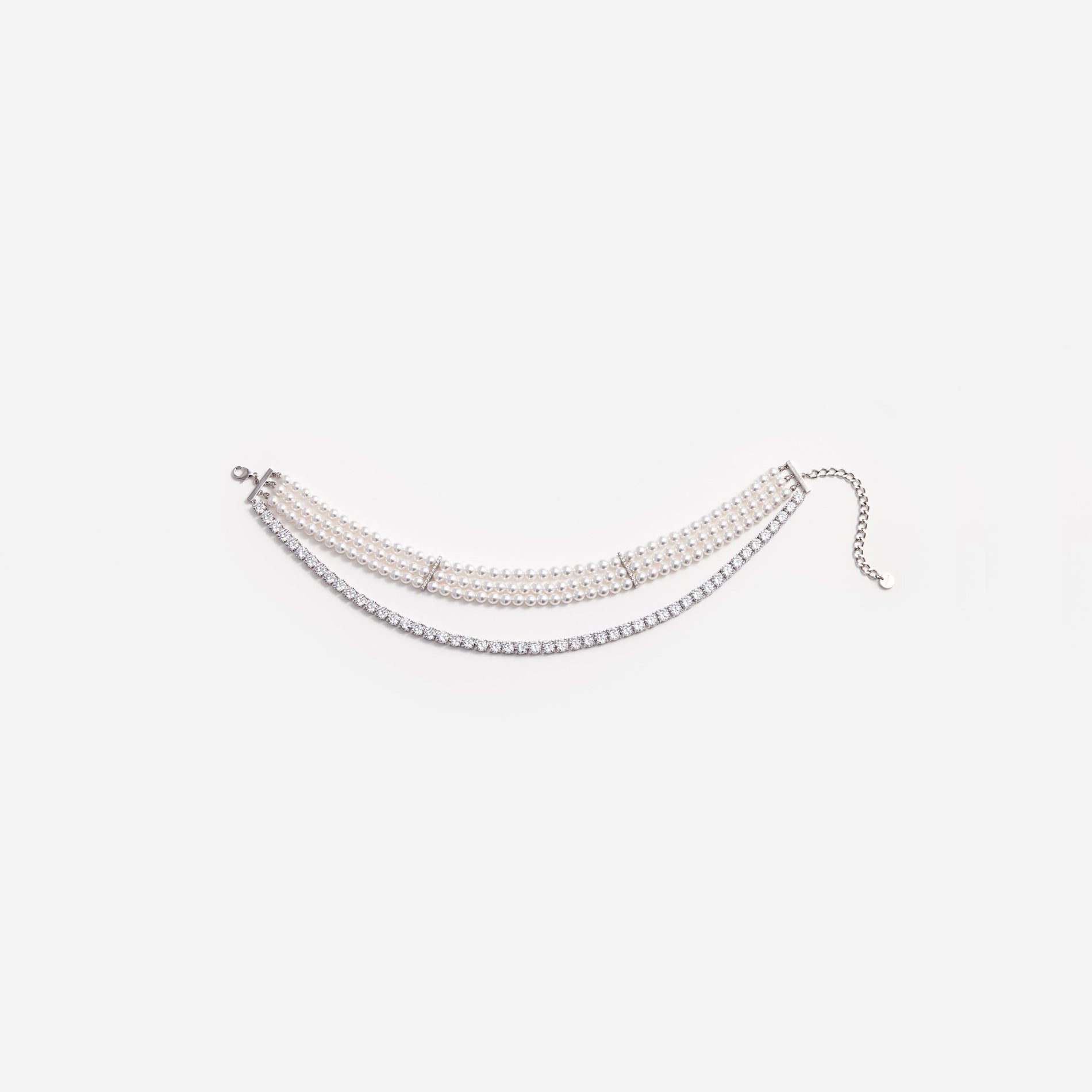 Side view of a woman wearing the Pearl Diamante Necklace