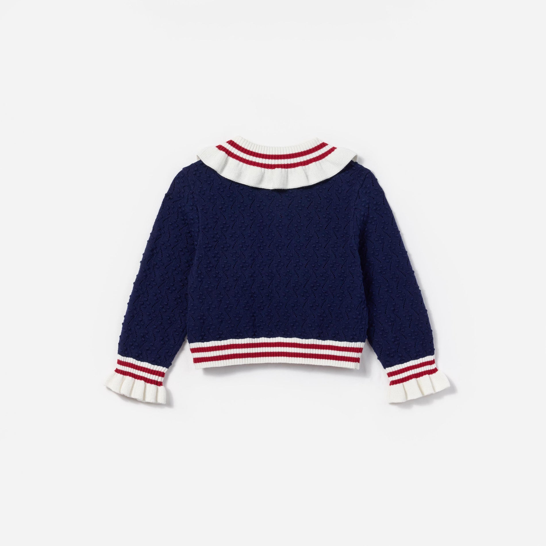 Side view of a woman wearing the Navy Textured Knit Cardigan