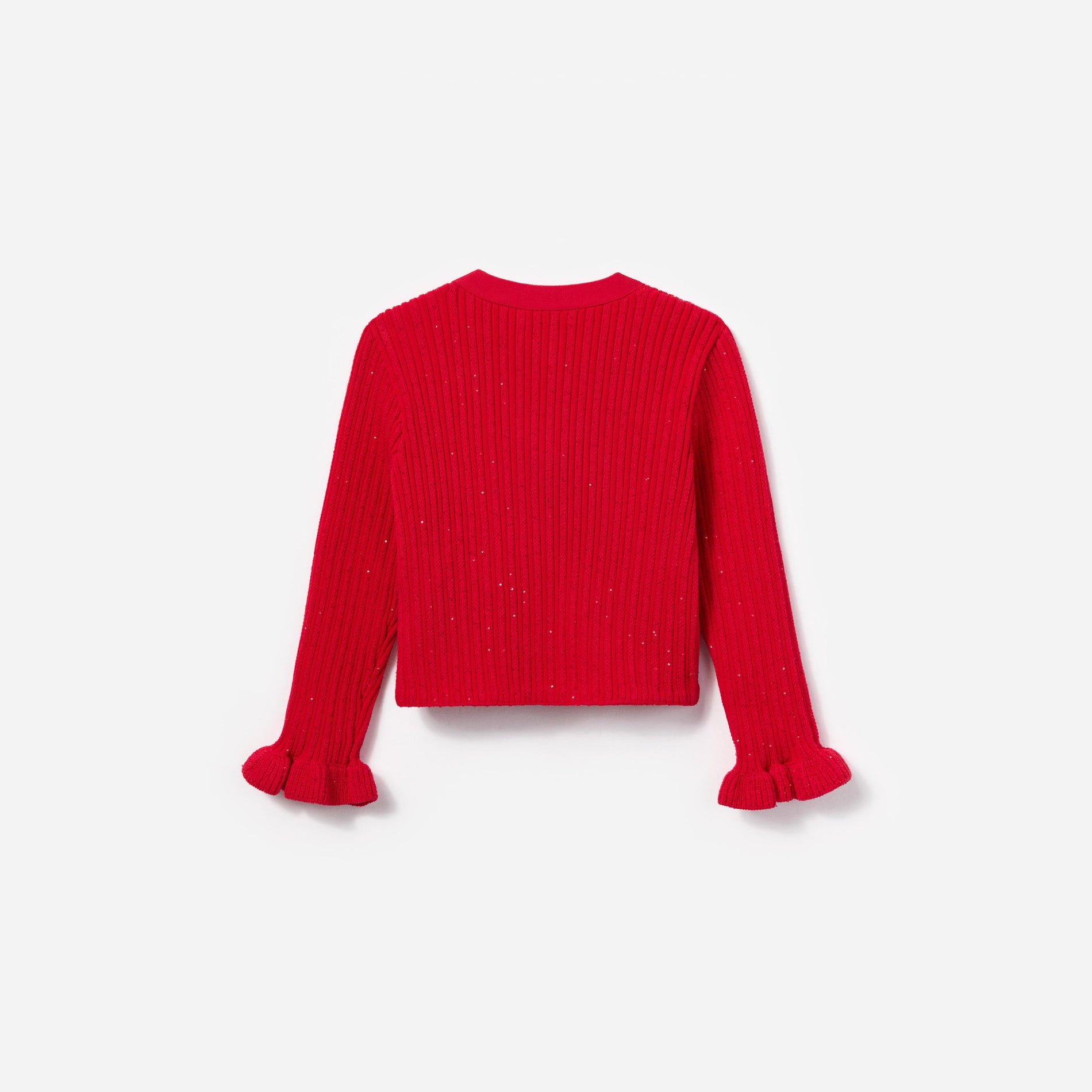 Side view of a woman wearing the Red Ribbed Knit Cardigan