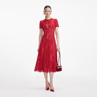 Red Sequin Lace Midi Dress