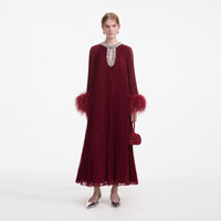 Burgundy Chiffon Feather Midi Dress