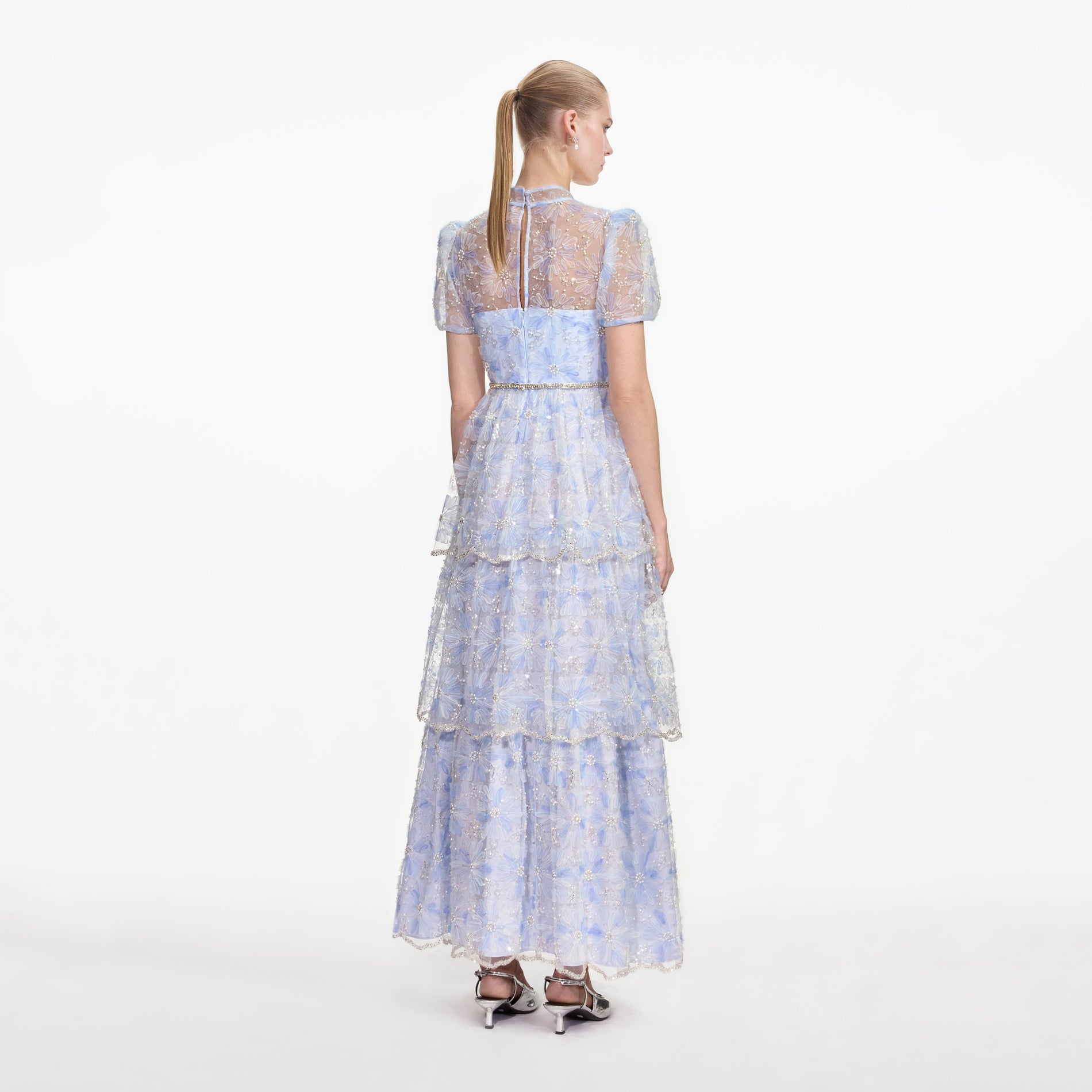 Back view of a woman wearing the Blue Beaded Sequin Lace Maxi Dress