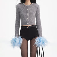 Grey Contrast Feather Cardigan