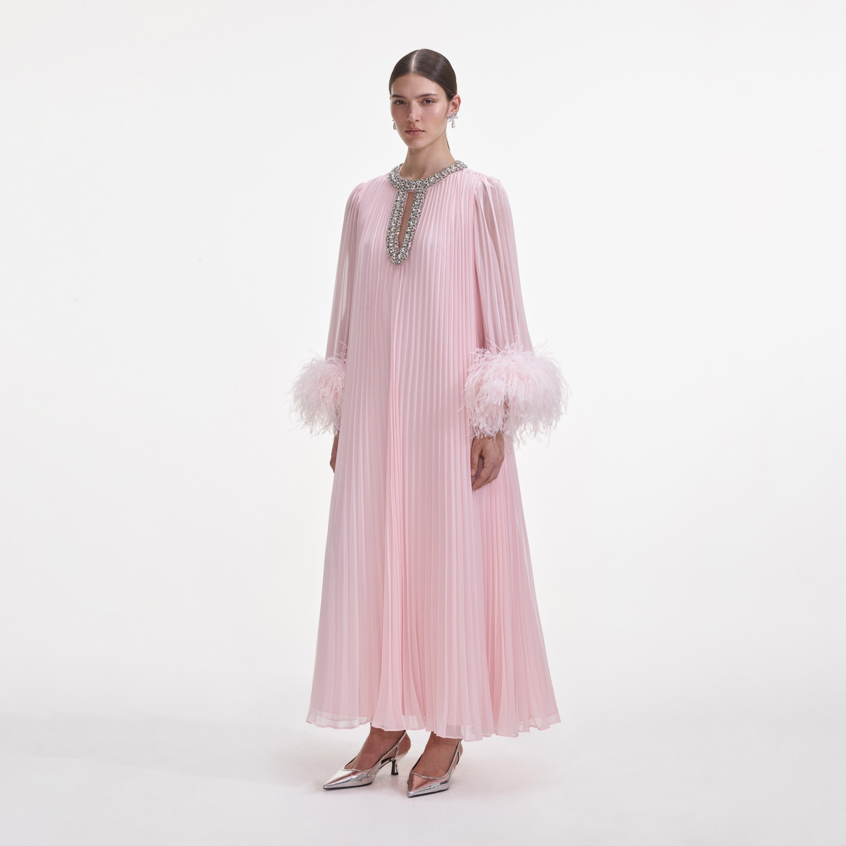 Pink Chiffon Feather Midi Dress