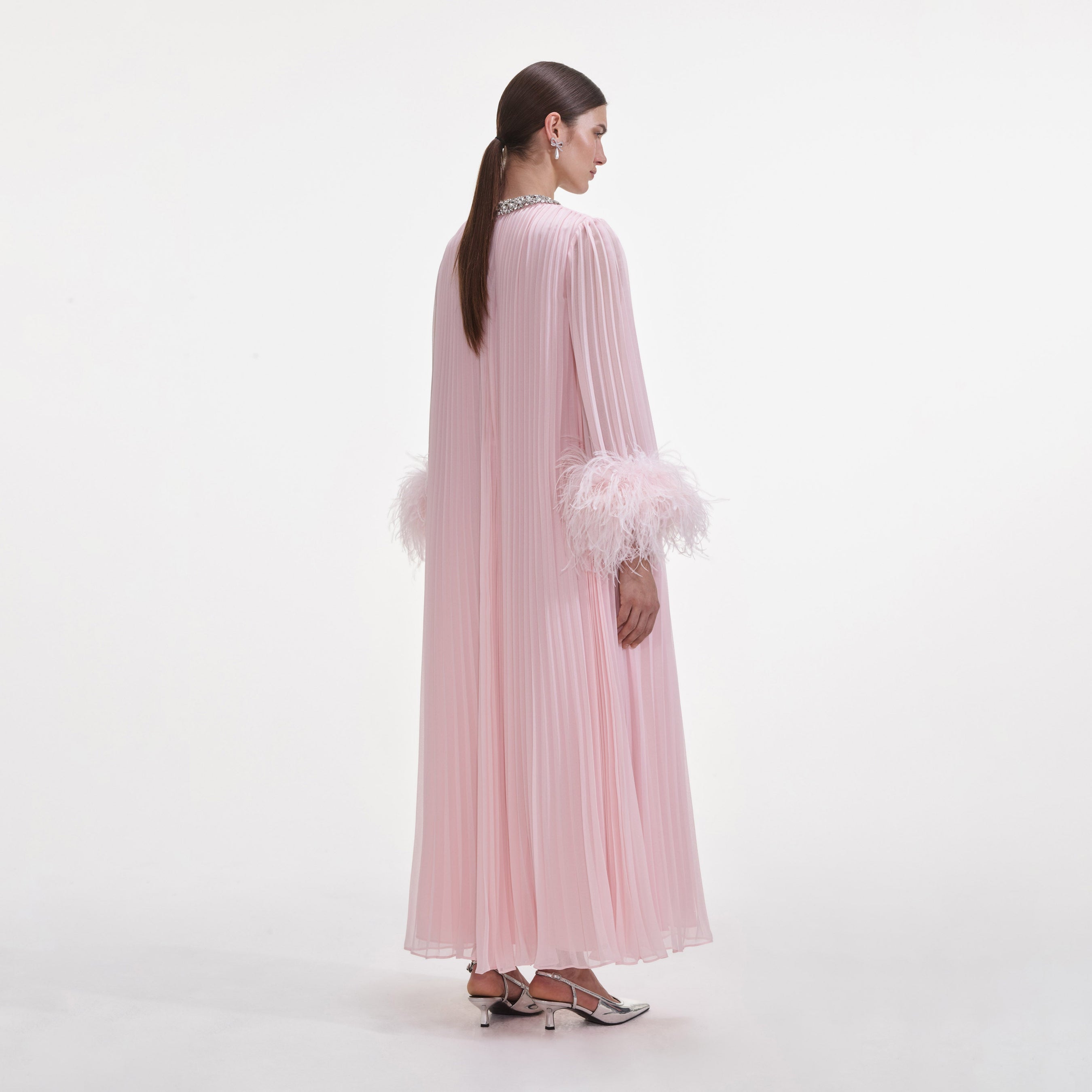 Pink Chiffon Feather Midi Dress