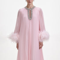 Pink Chiffon Feather Midi Dress