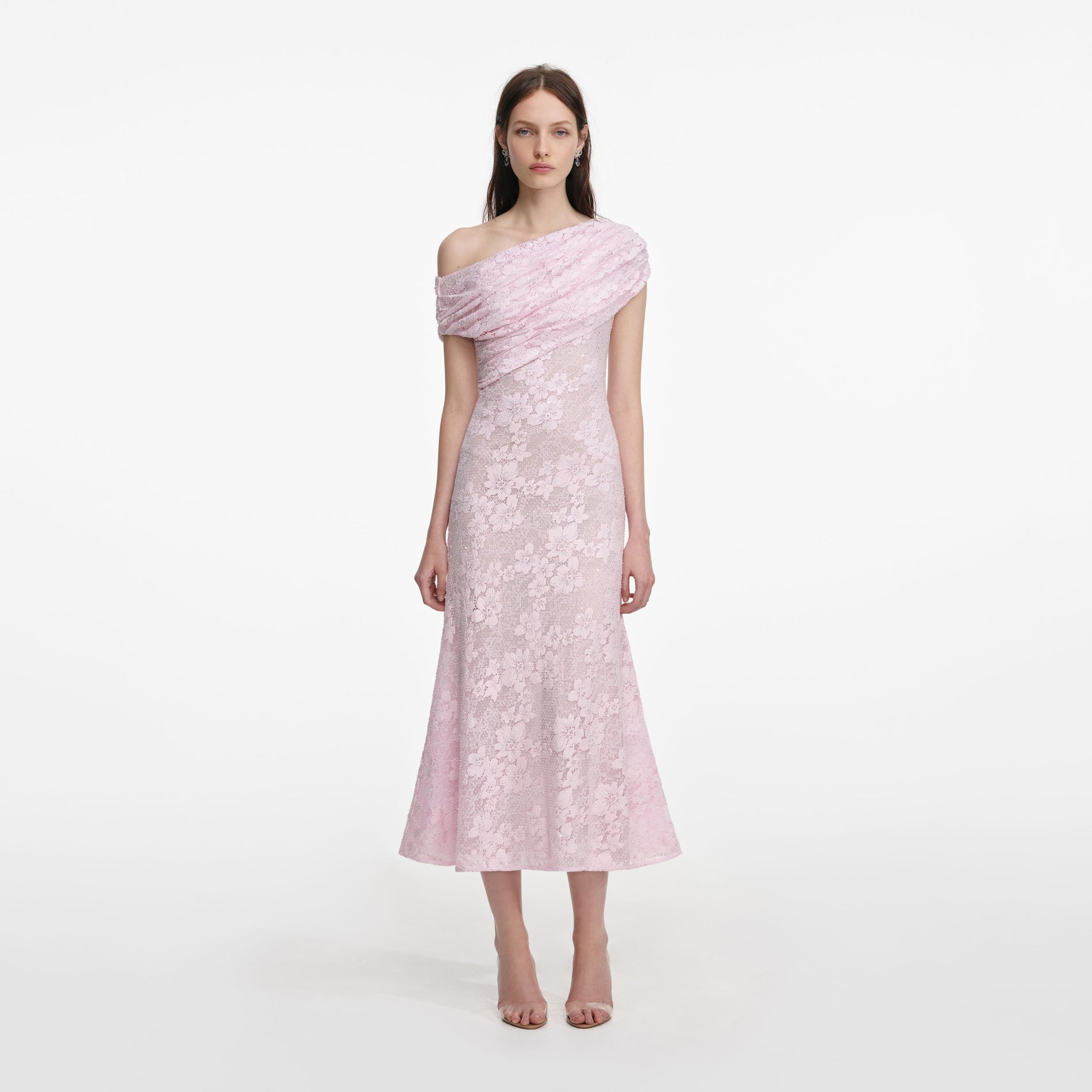 Front view of a woman wearing the Pink Rhinestone Lace Midi Dress