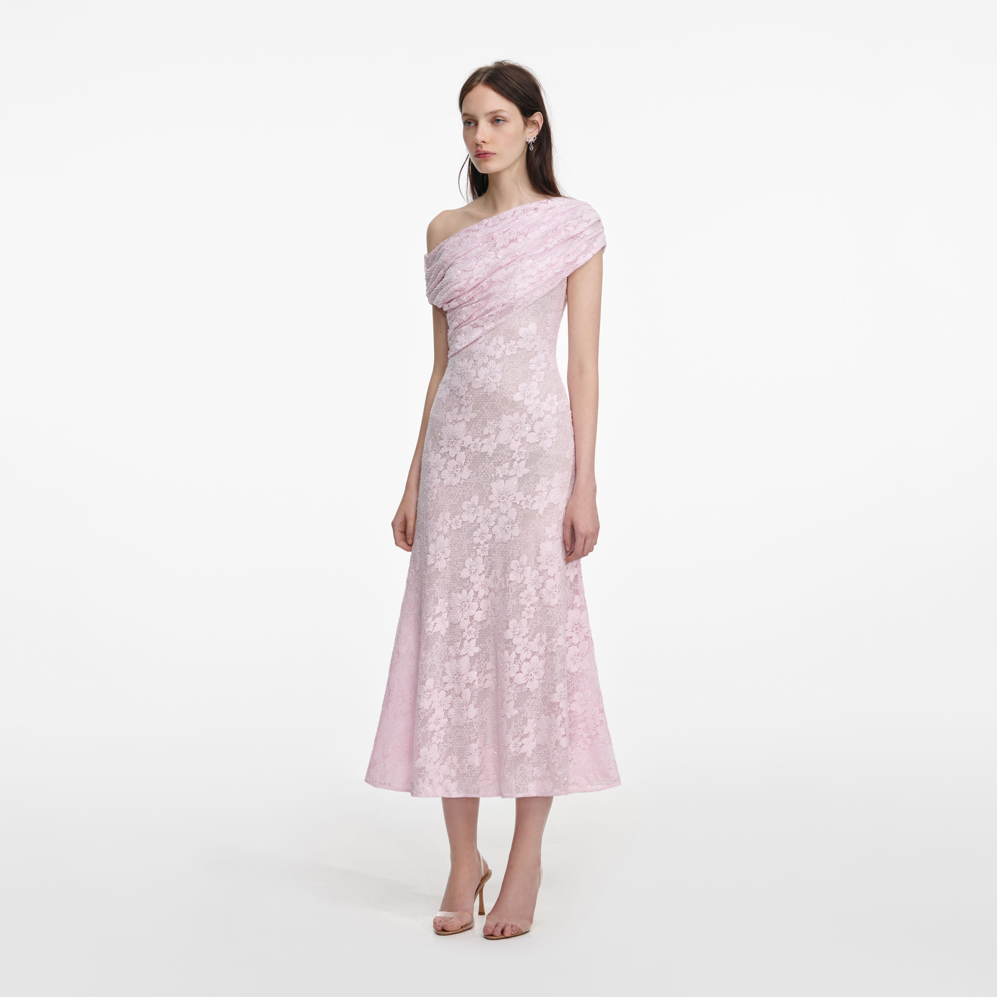 Pink Rhinestone Lace Midi Dress