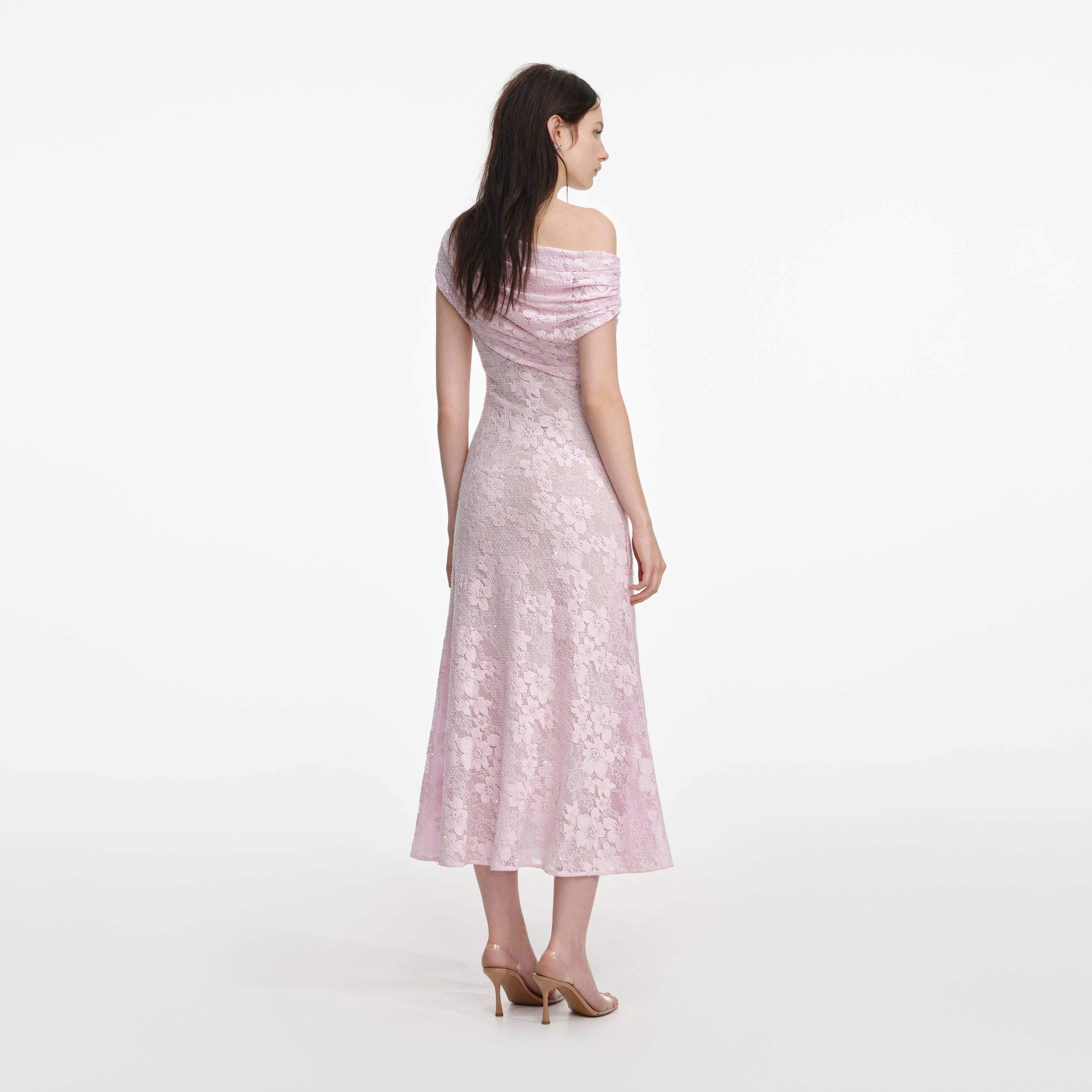 Pink Rhinestone Lace Midi Dress