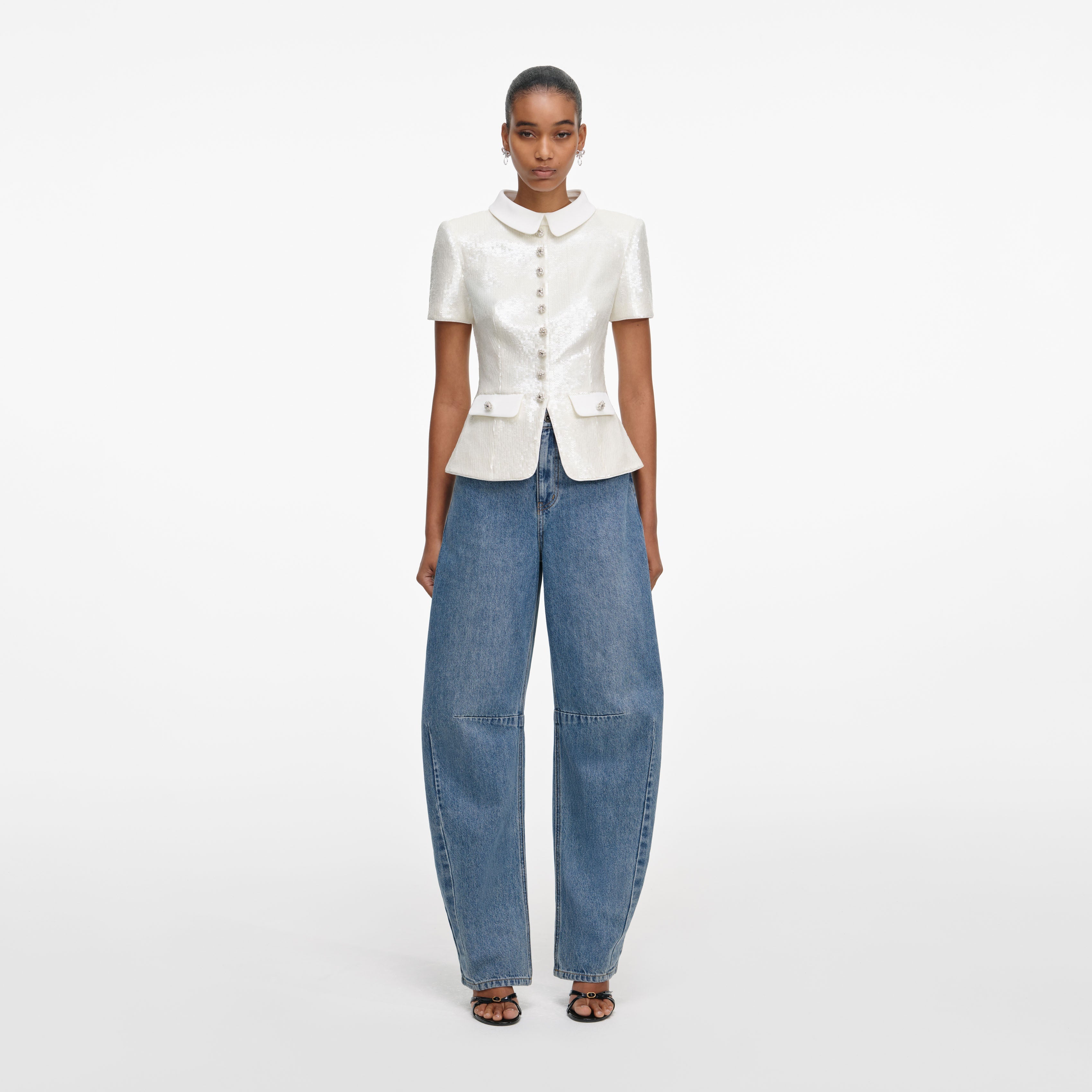 White Sequin Tailored Top