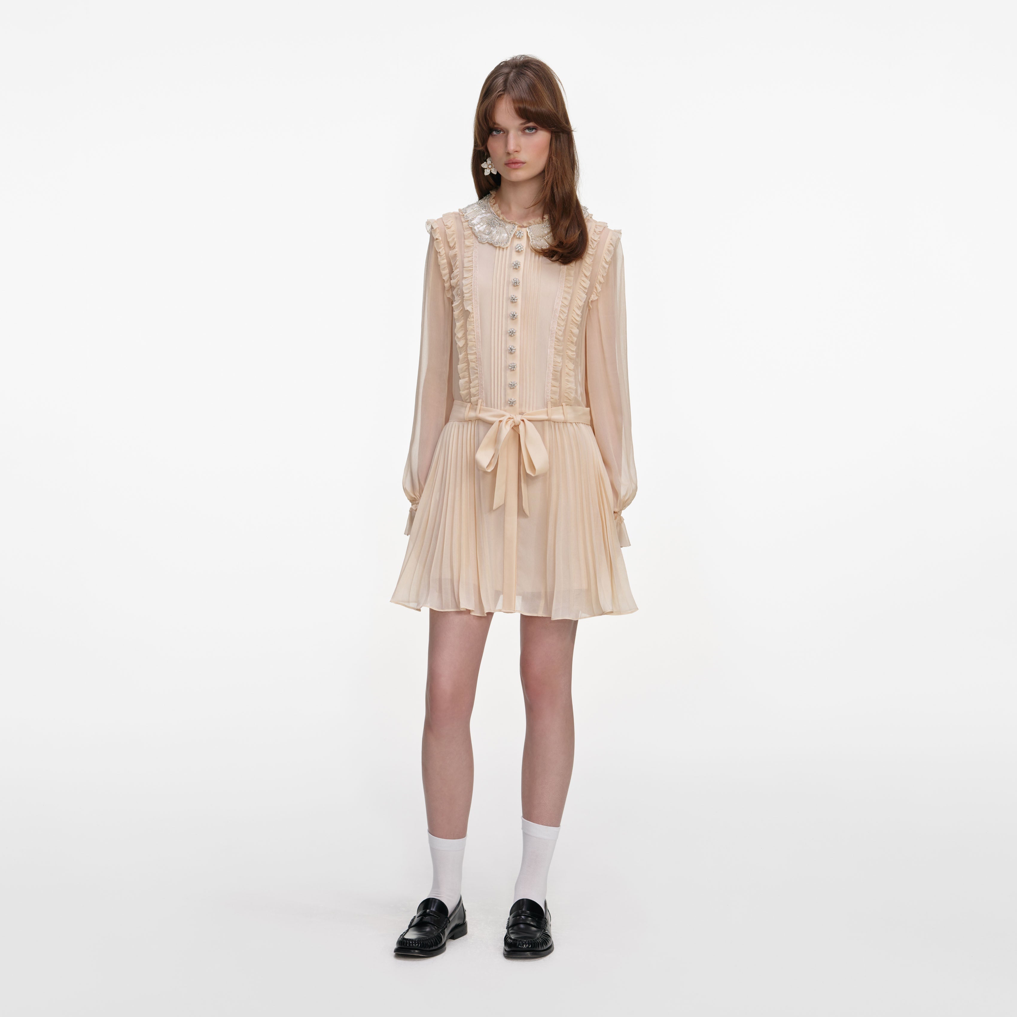Tan Pleated Georgette Mini Dress