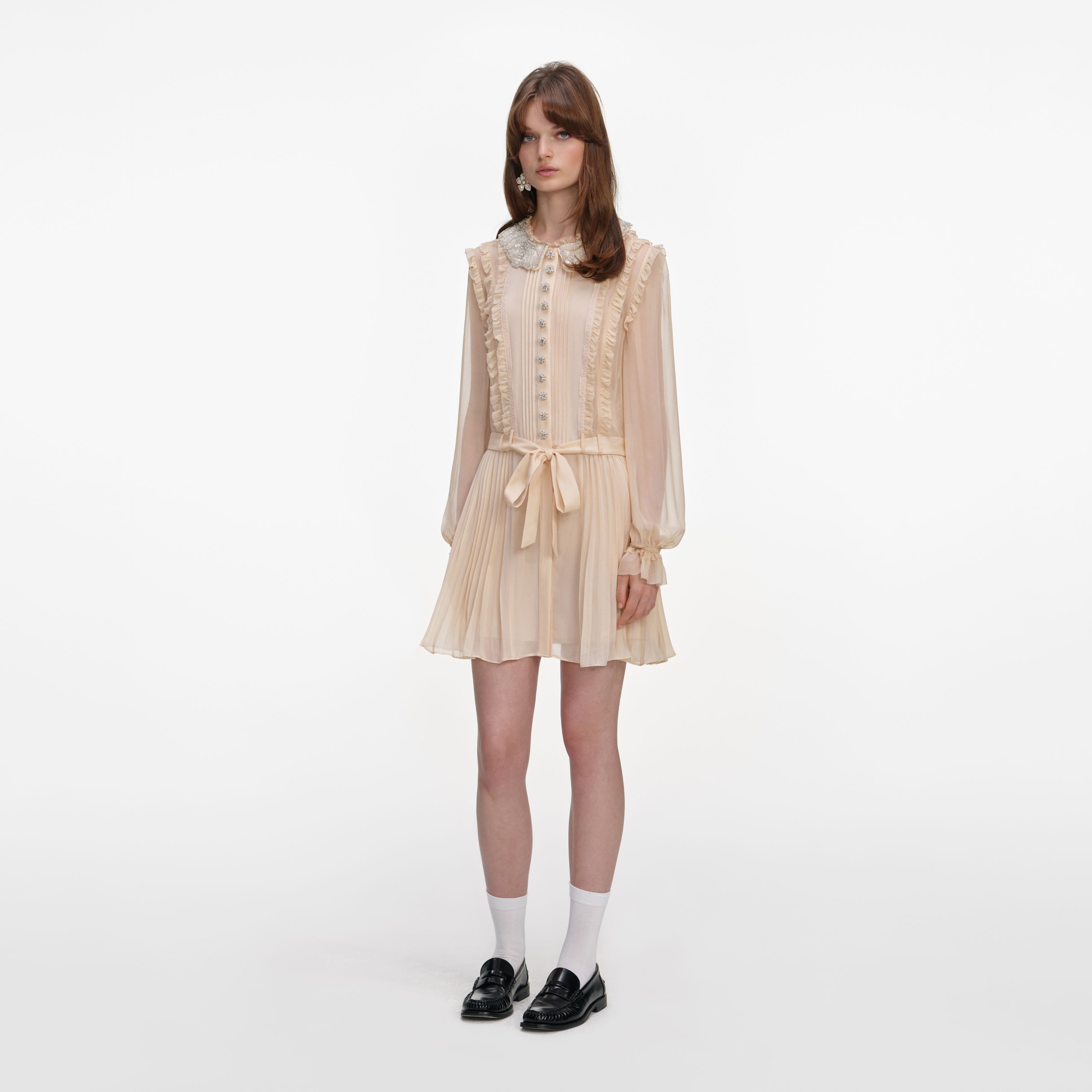 Tan Pleated Georgette Mini Dress
