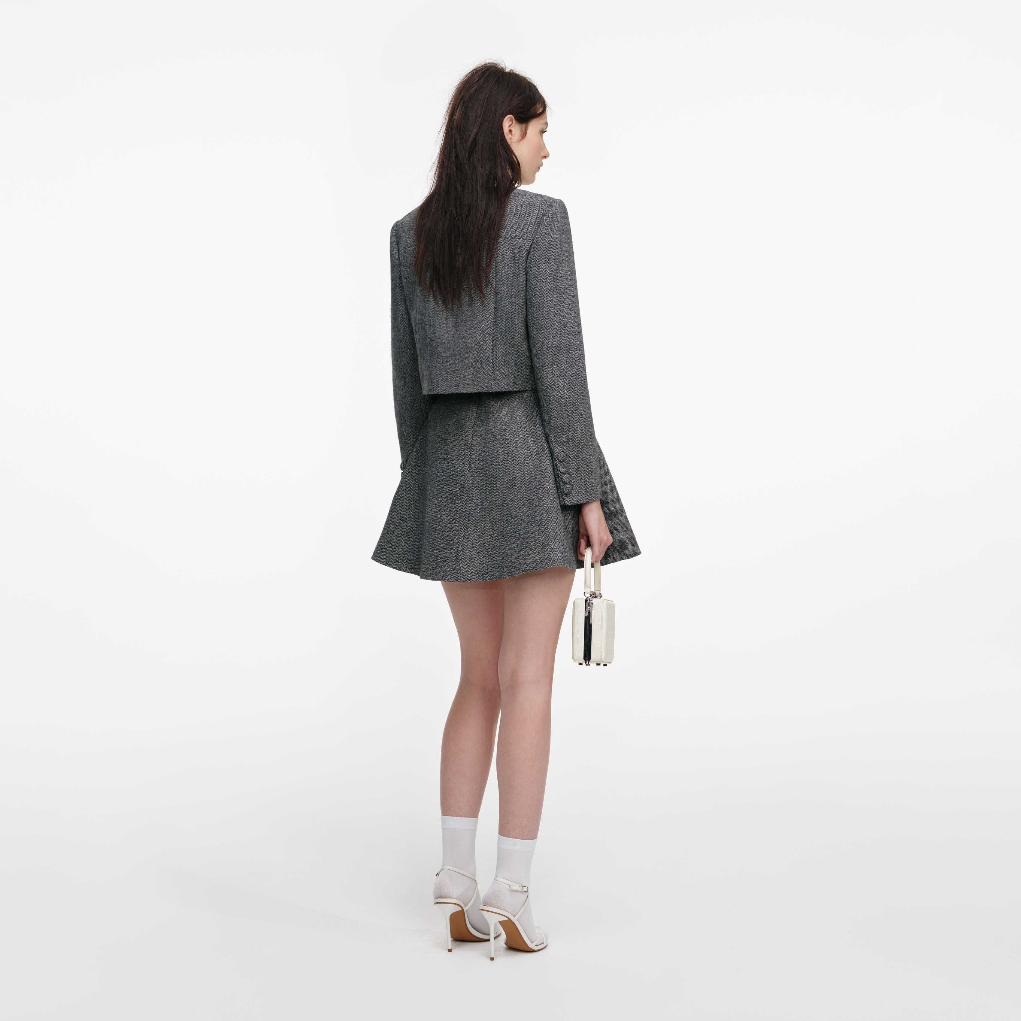 Grey Herringbone Scarf Detail Jacket