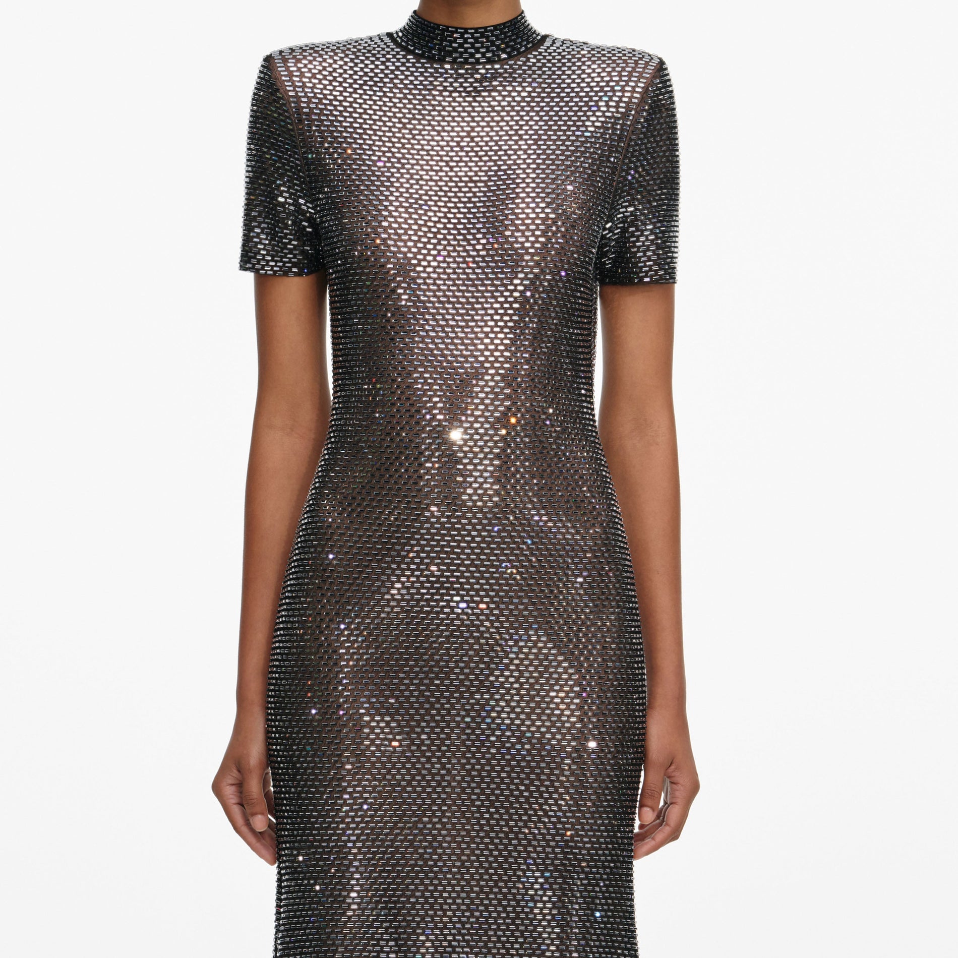 A close up of a woman wearing the Gunmetal Rhinestone Mesh Midi Dress