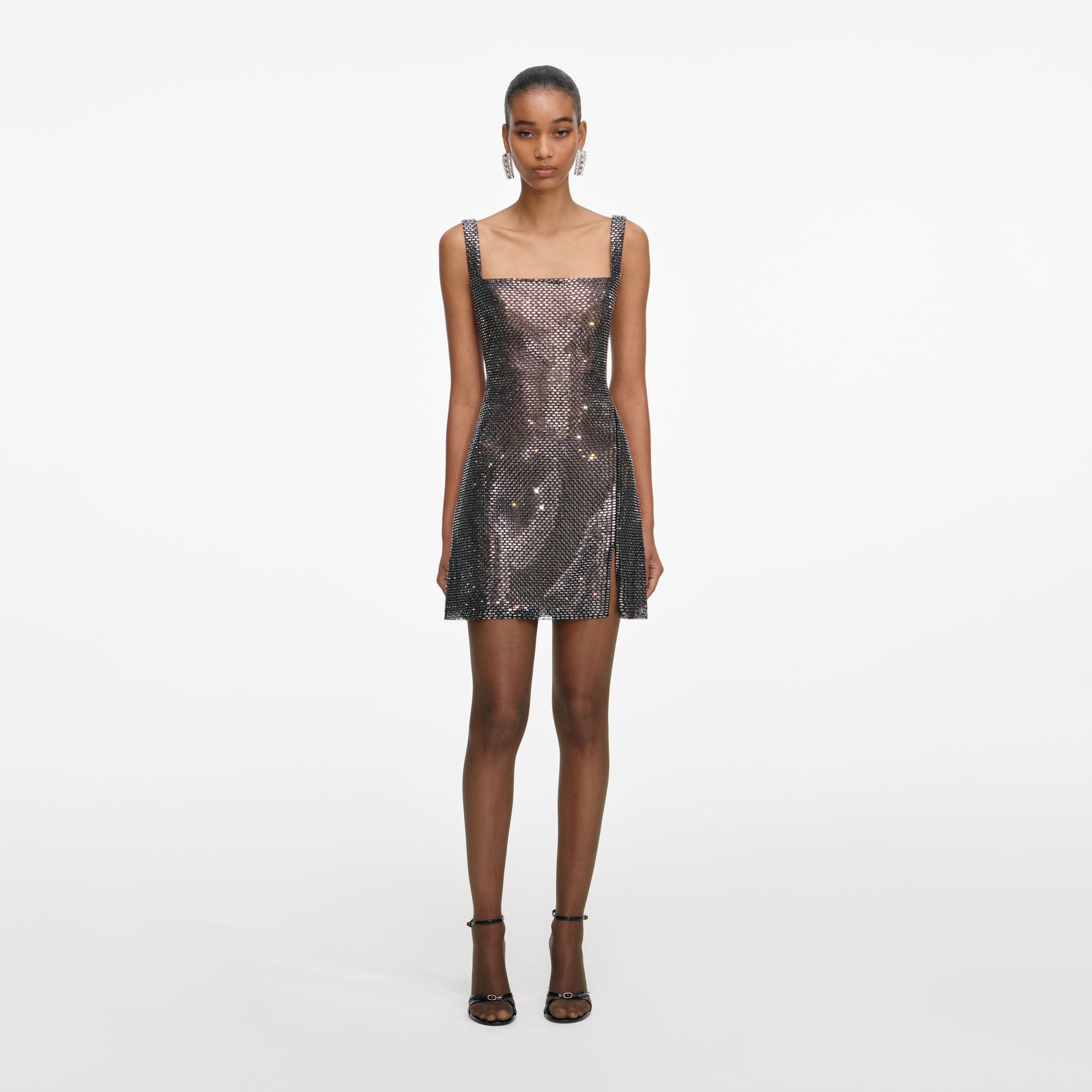 Front view of a woman wearing the Gunmetal Rhinestone Mesh Mini Dress
