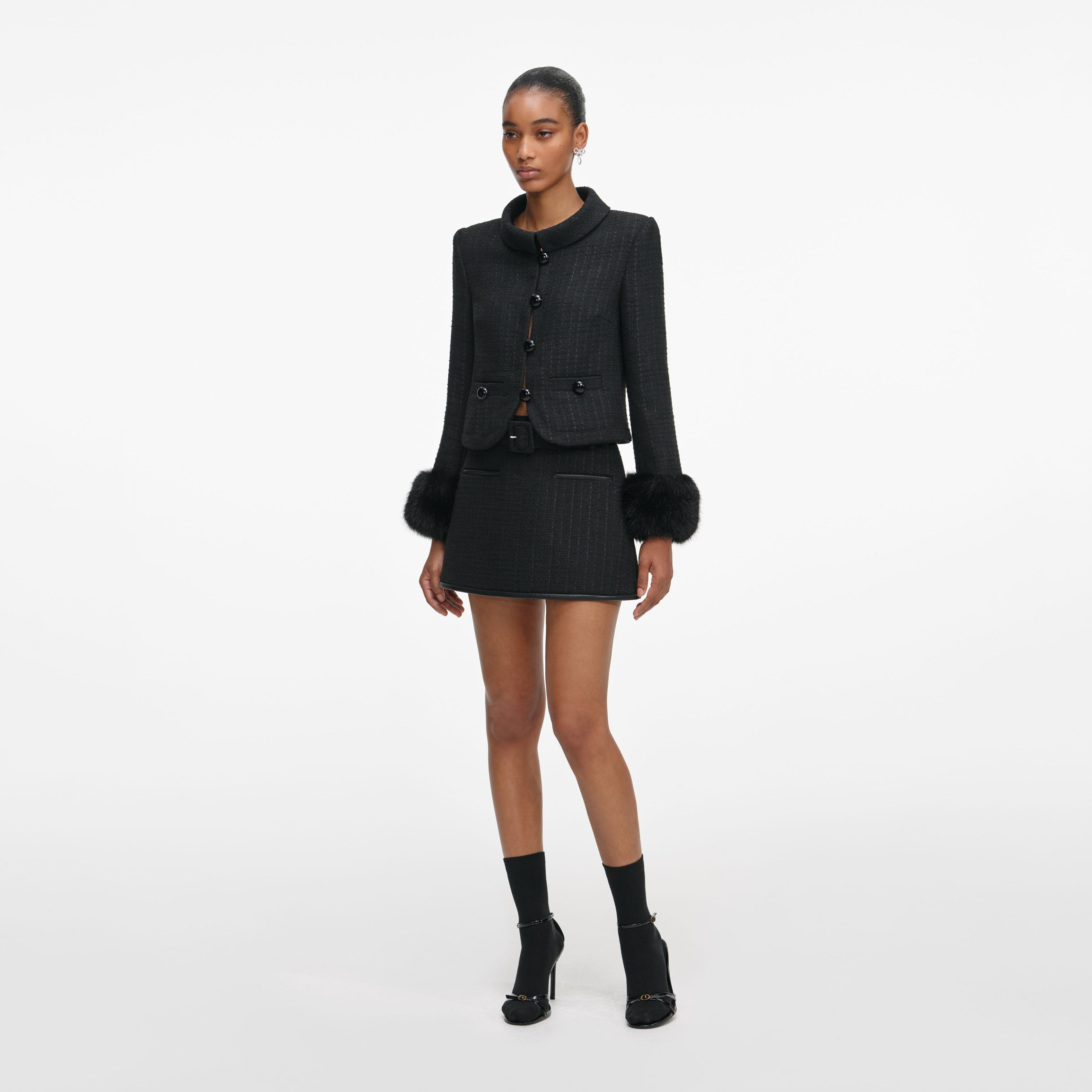 Black Boucle Faux Fur Cuff Jacket