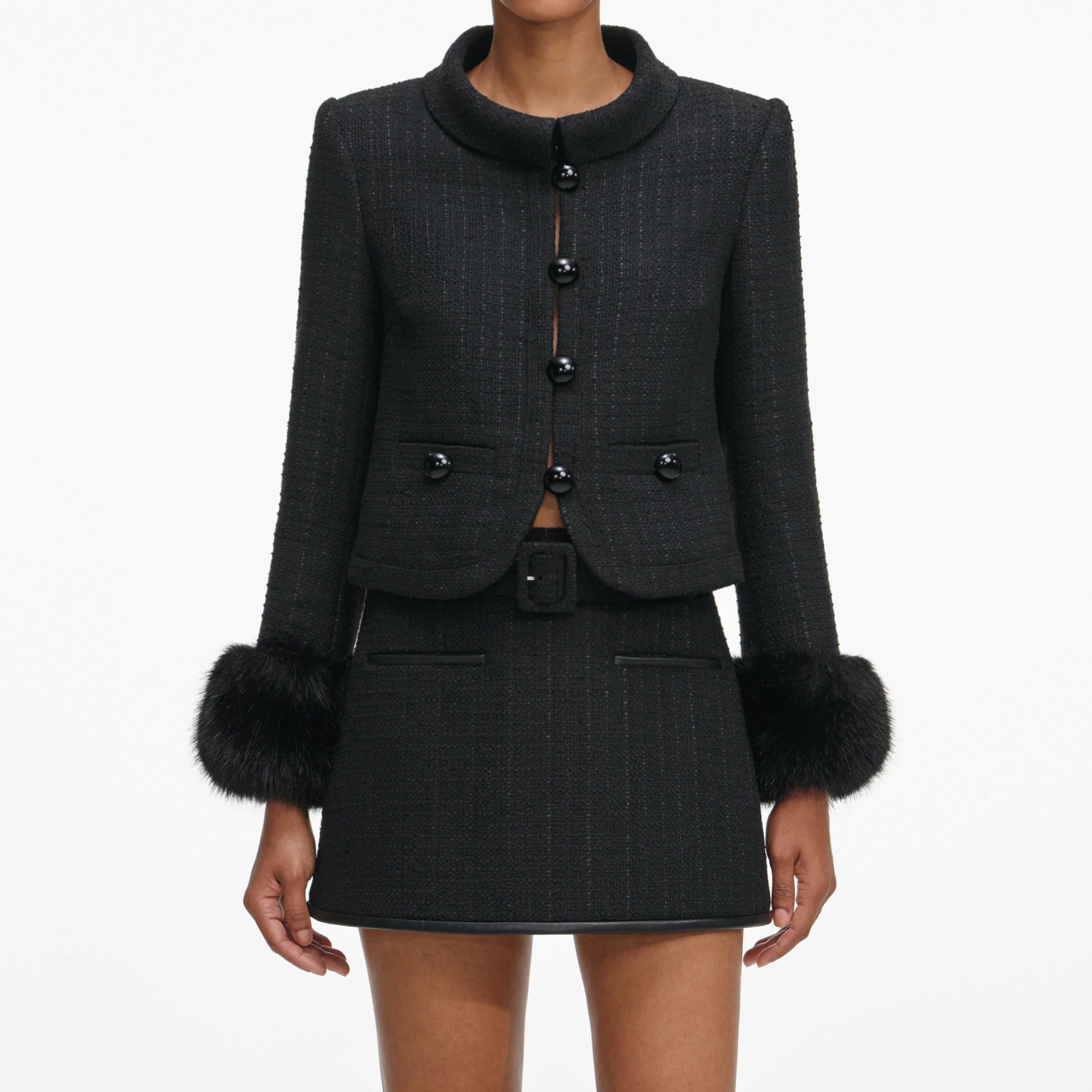 Black Boucle Faux Fur Cuff Jacket