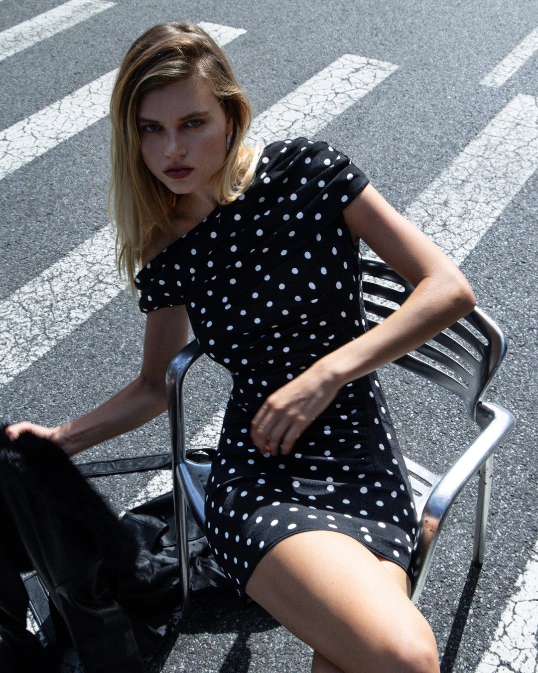Polka Dot Draped Knit Mini Dress