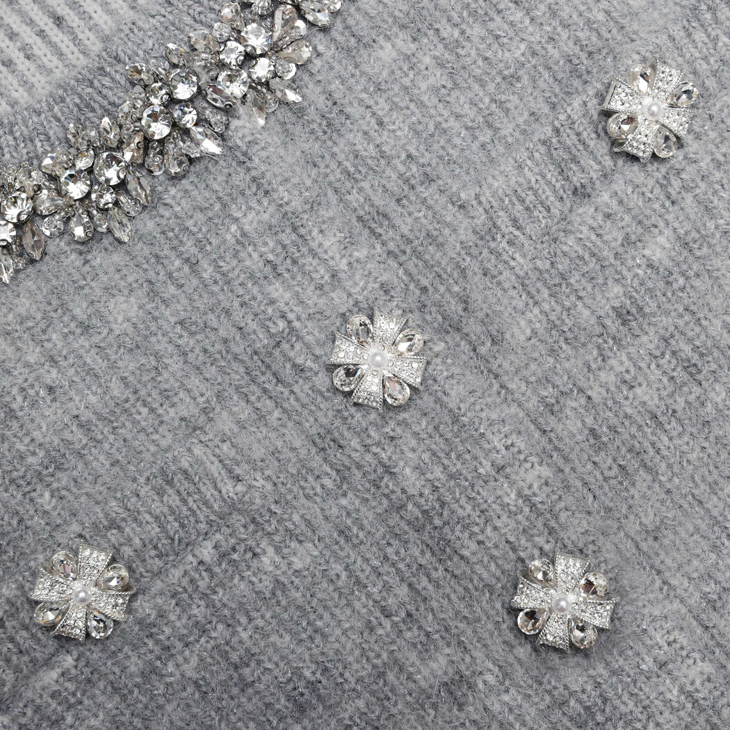 A close up of the fabric for the Grey Fluffy Crystal Trim Cardigan