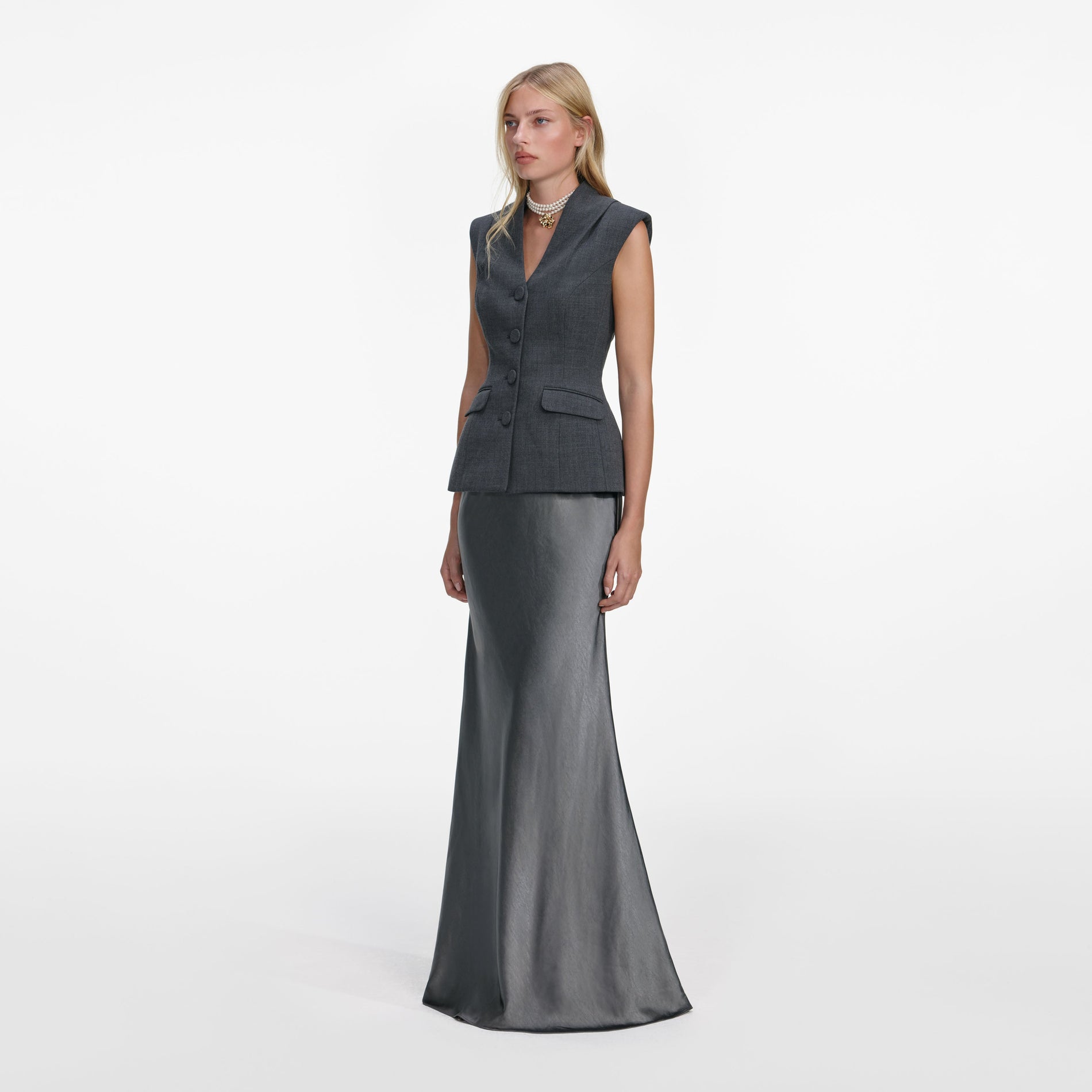 Side view of a woman wearing the Grey Tailored Satin Maxi Dress