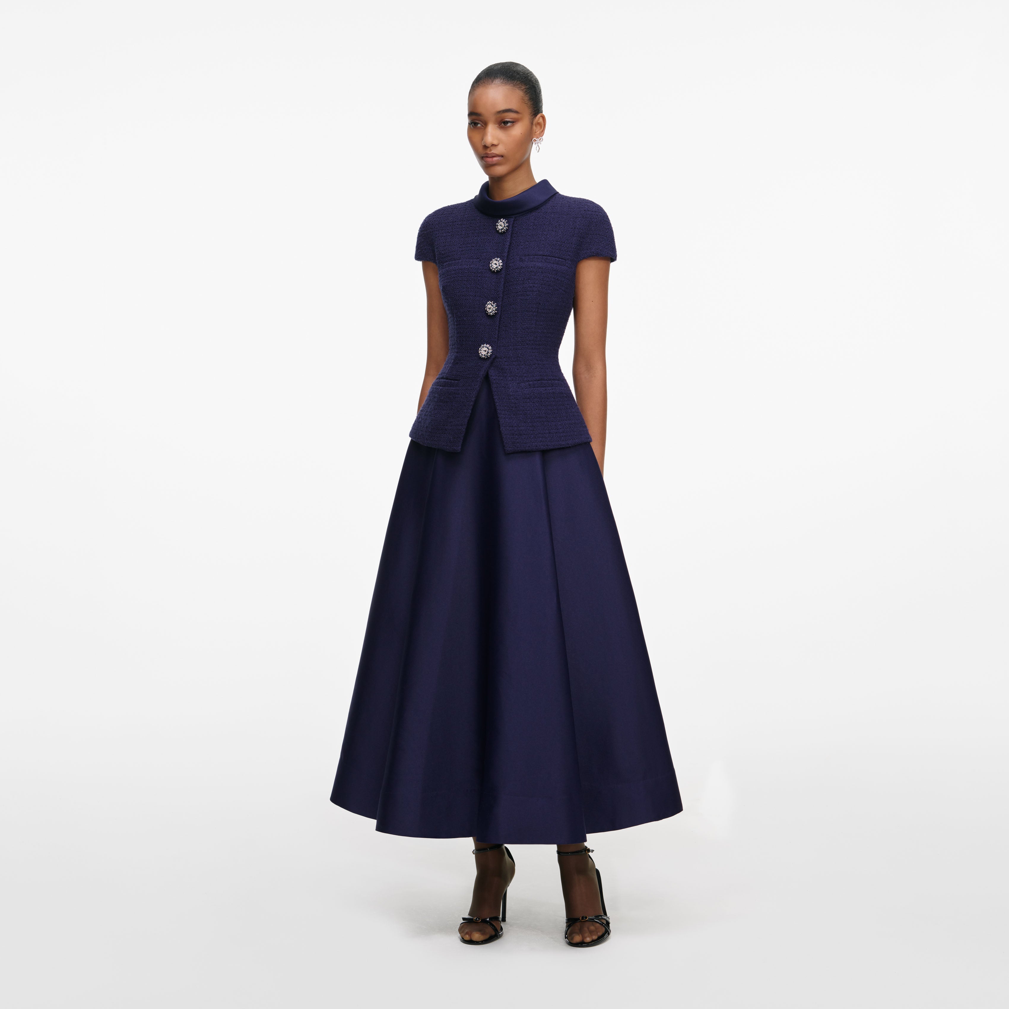 Navy Boucle Taffeta Midi Dress