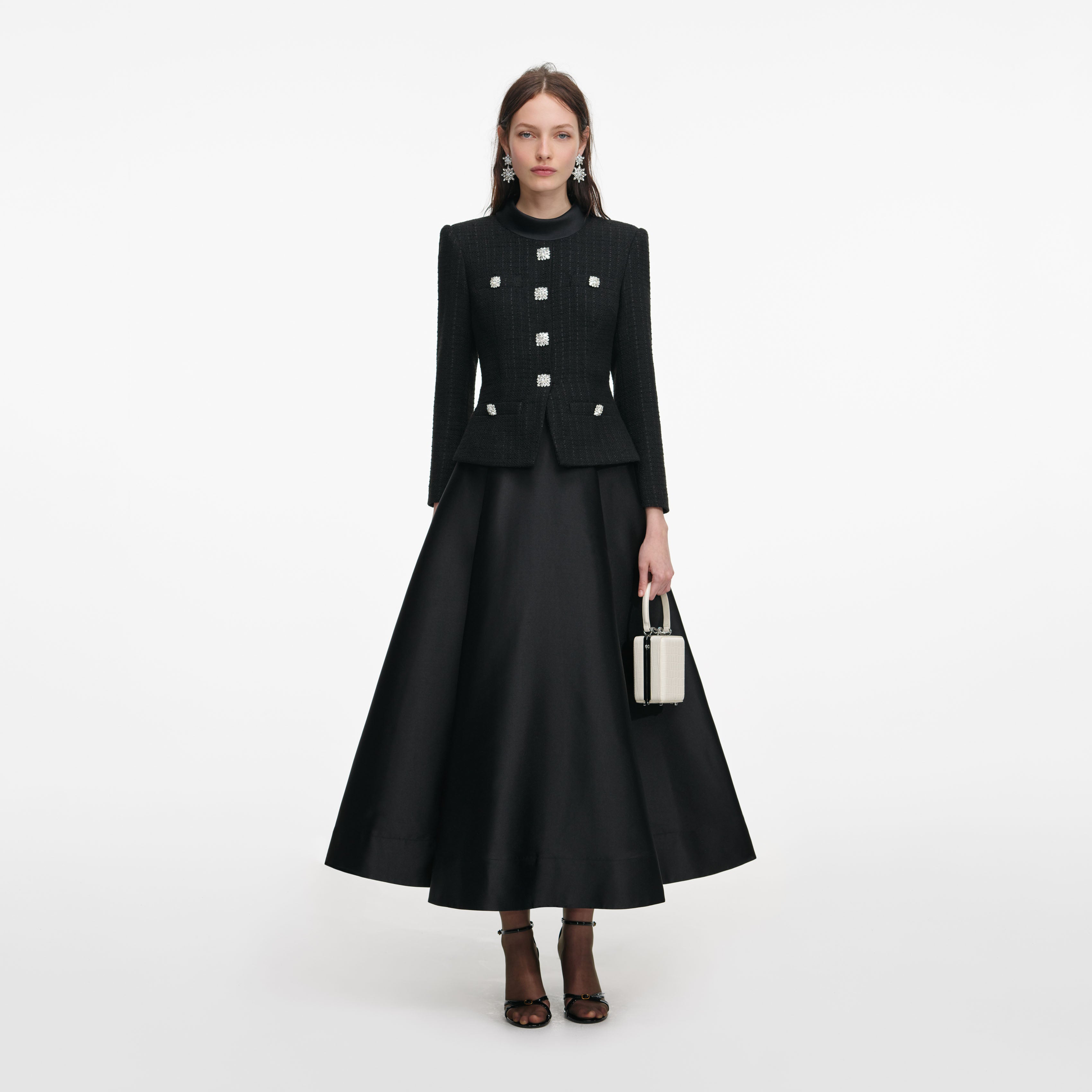 Black Boucle Taffeta Midi Dress