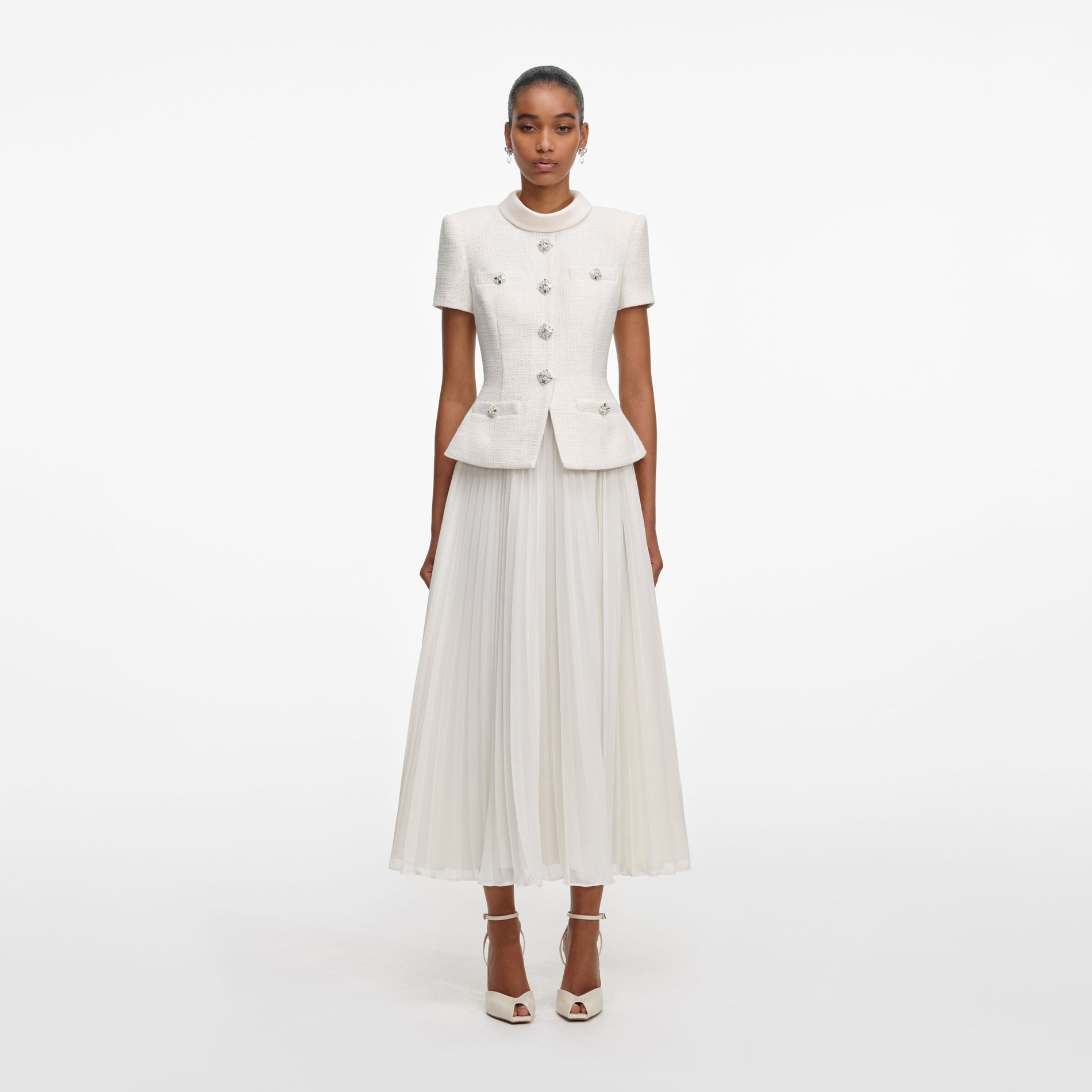 Front view of a woman wearing the Cream Boucle Collared Midi Dress