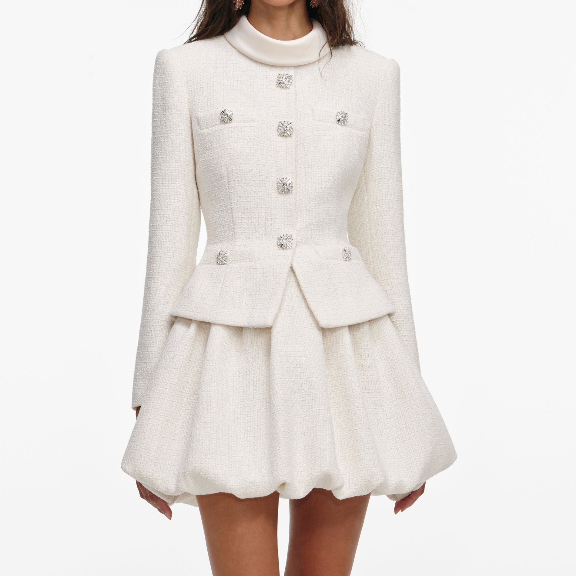 A close up of a woman wearing the Cream Boucle Collared Mini Dress