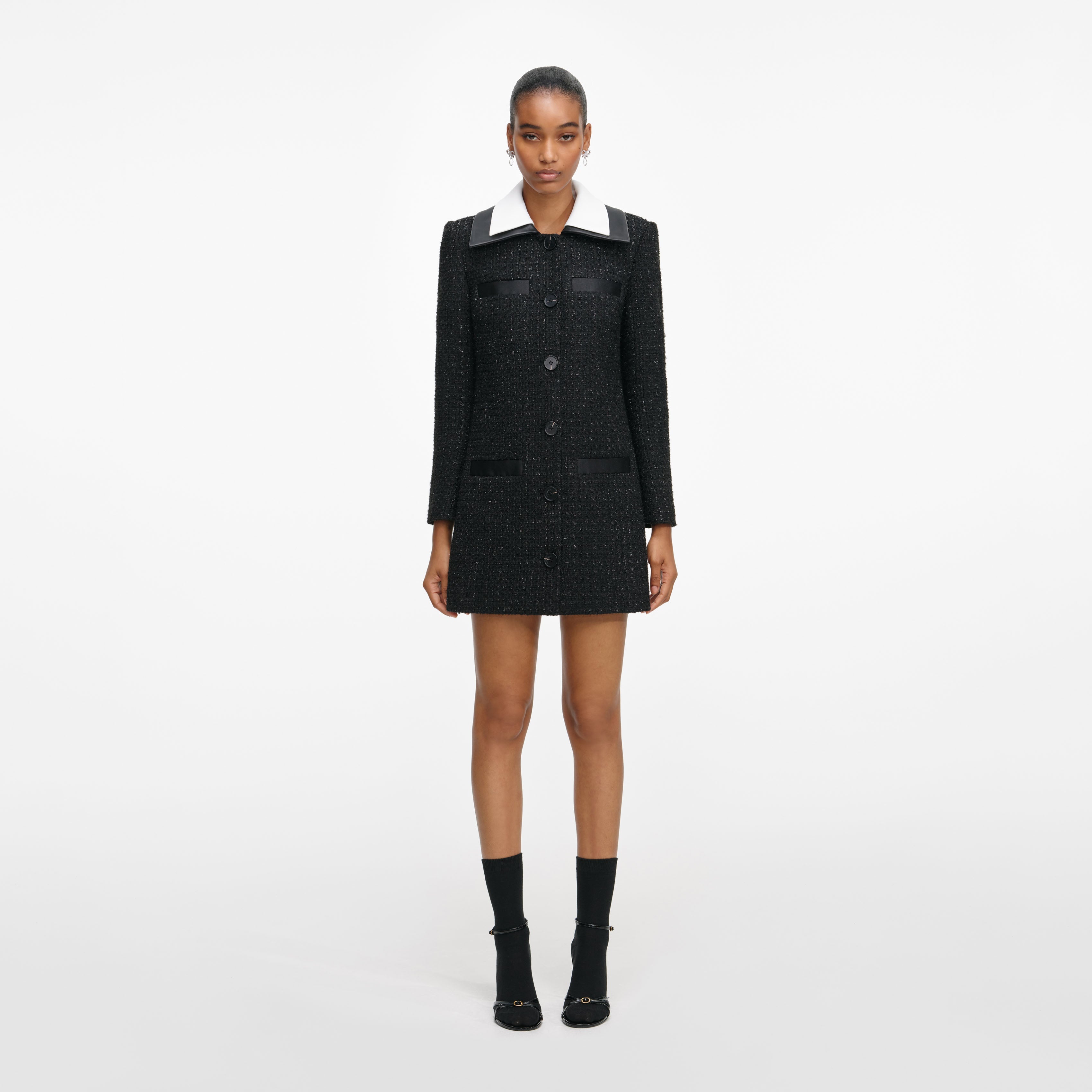 Black Boucle Contrast Collar Mini Dress