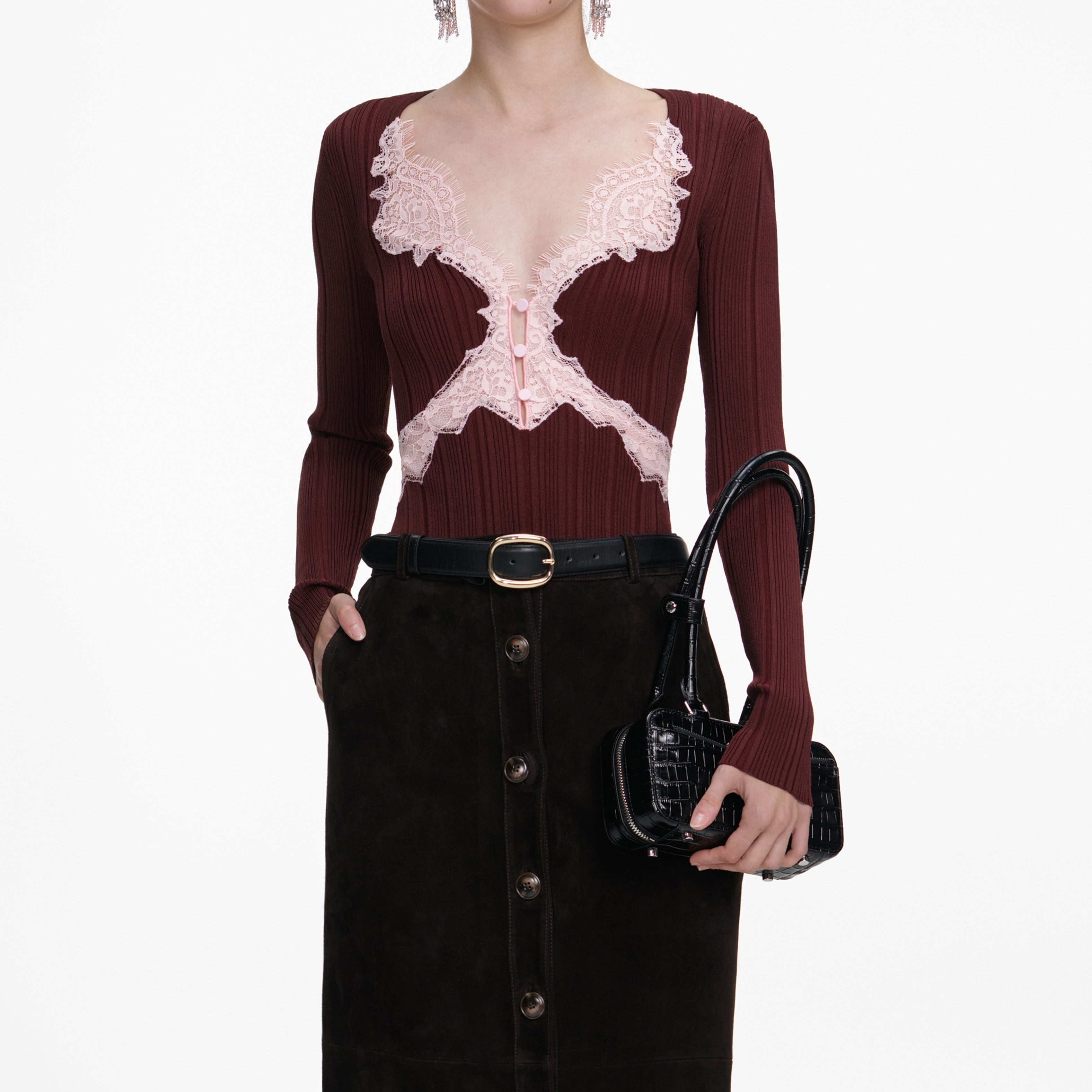 Brown Contrast Lace Knit Top