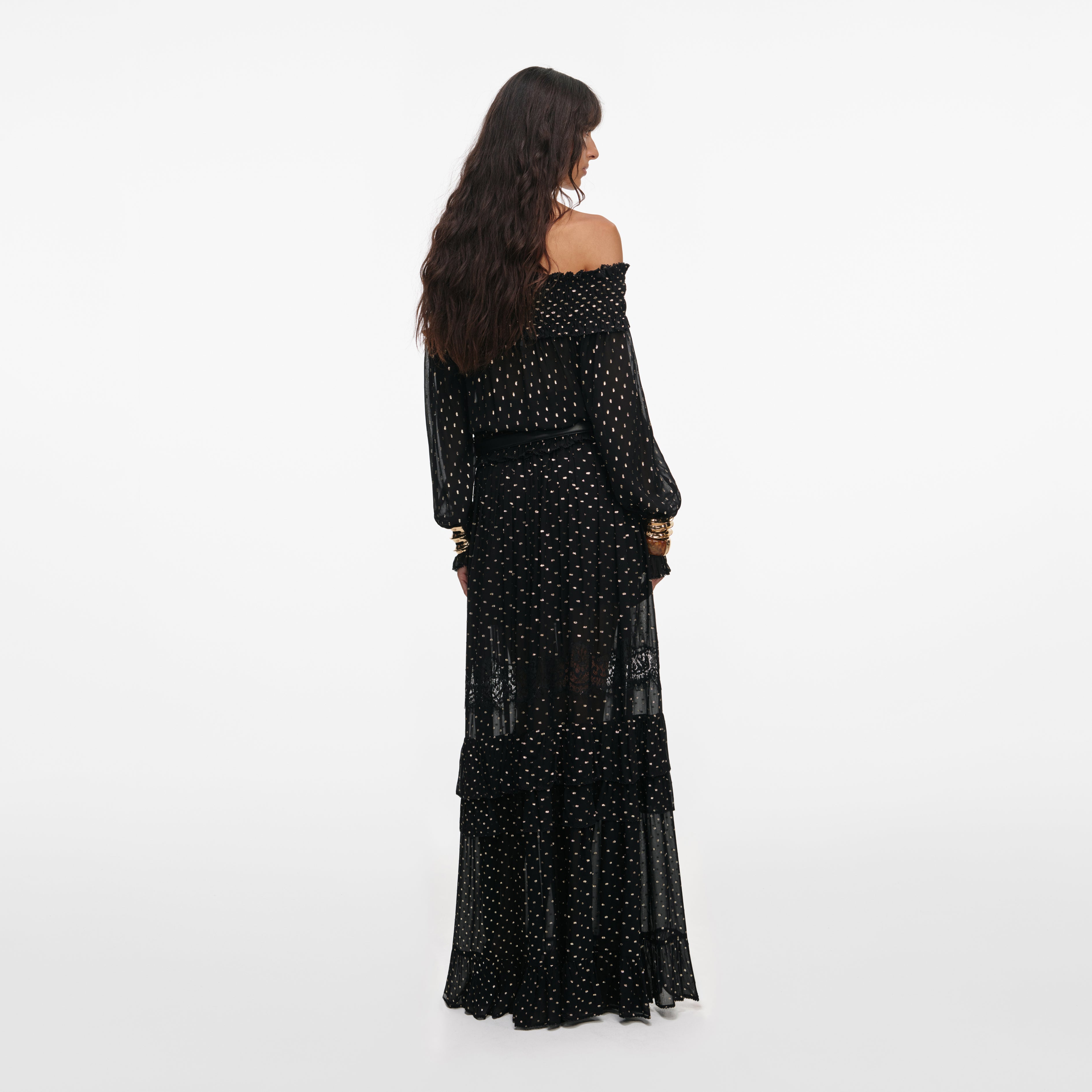 Black And Gold Chiffon Lace Maxi Skirt