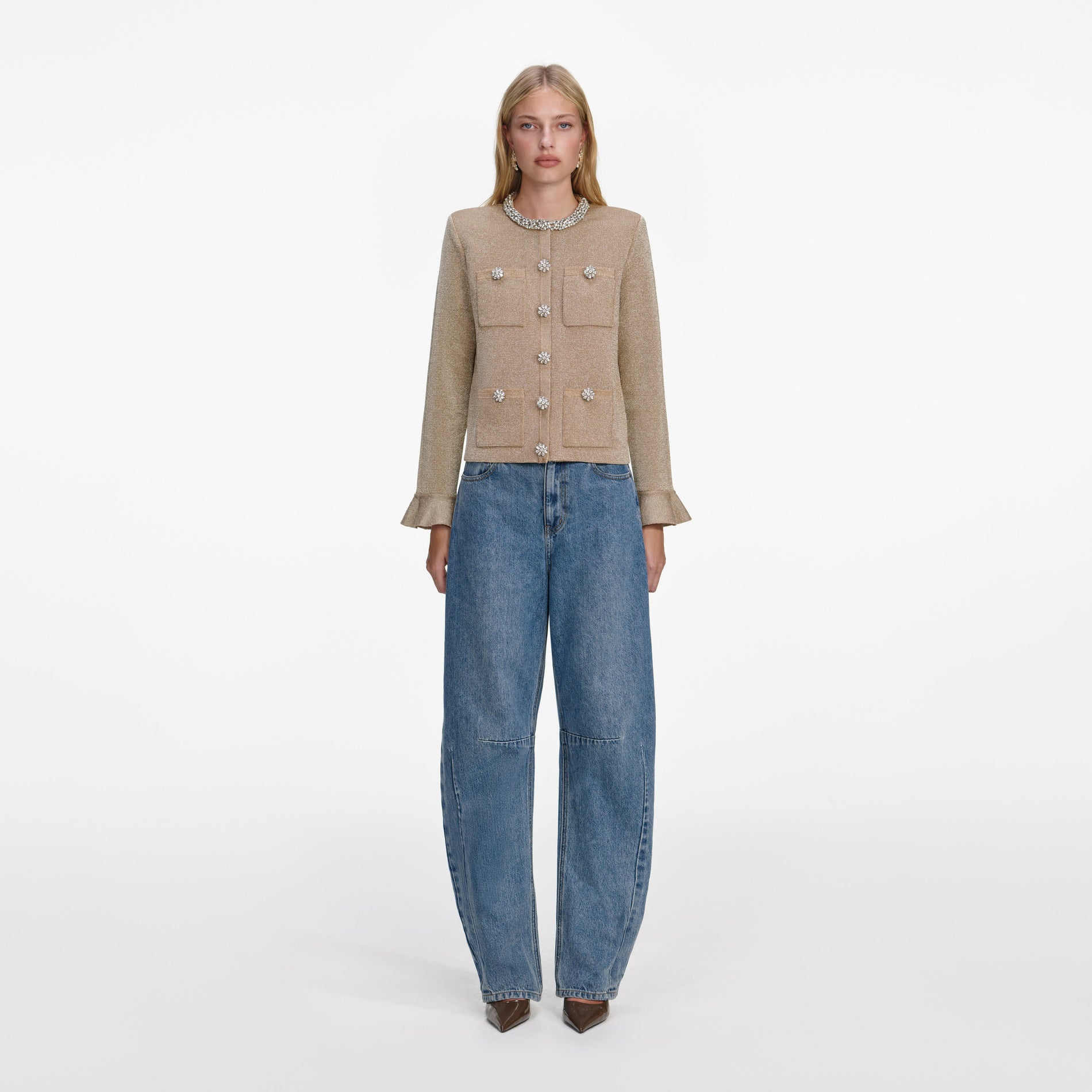Front view of a woman wearing the Gold Crystal Trim Cardigan