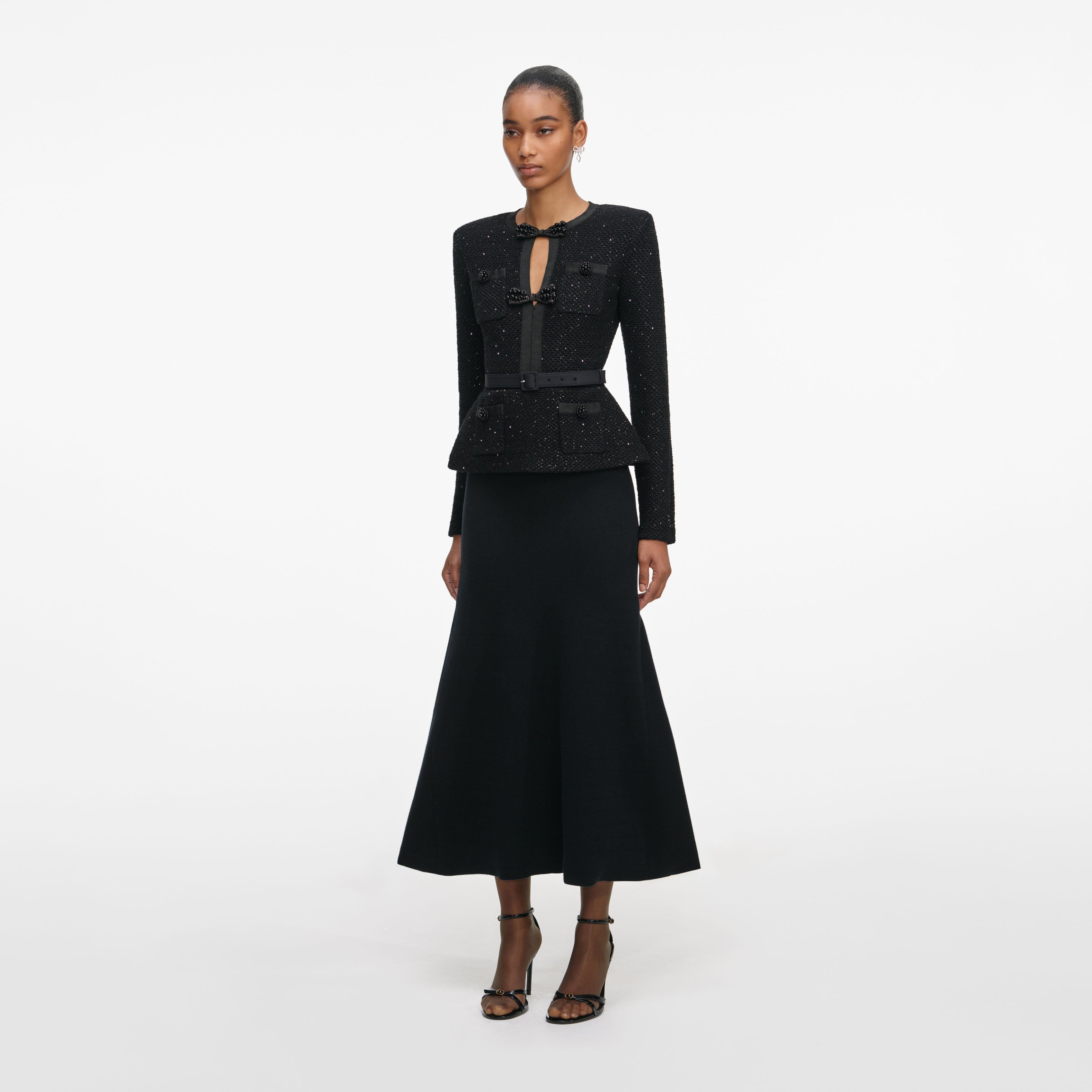 Black Sequin Knit Tailored Midi Dress