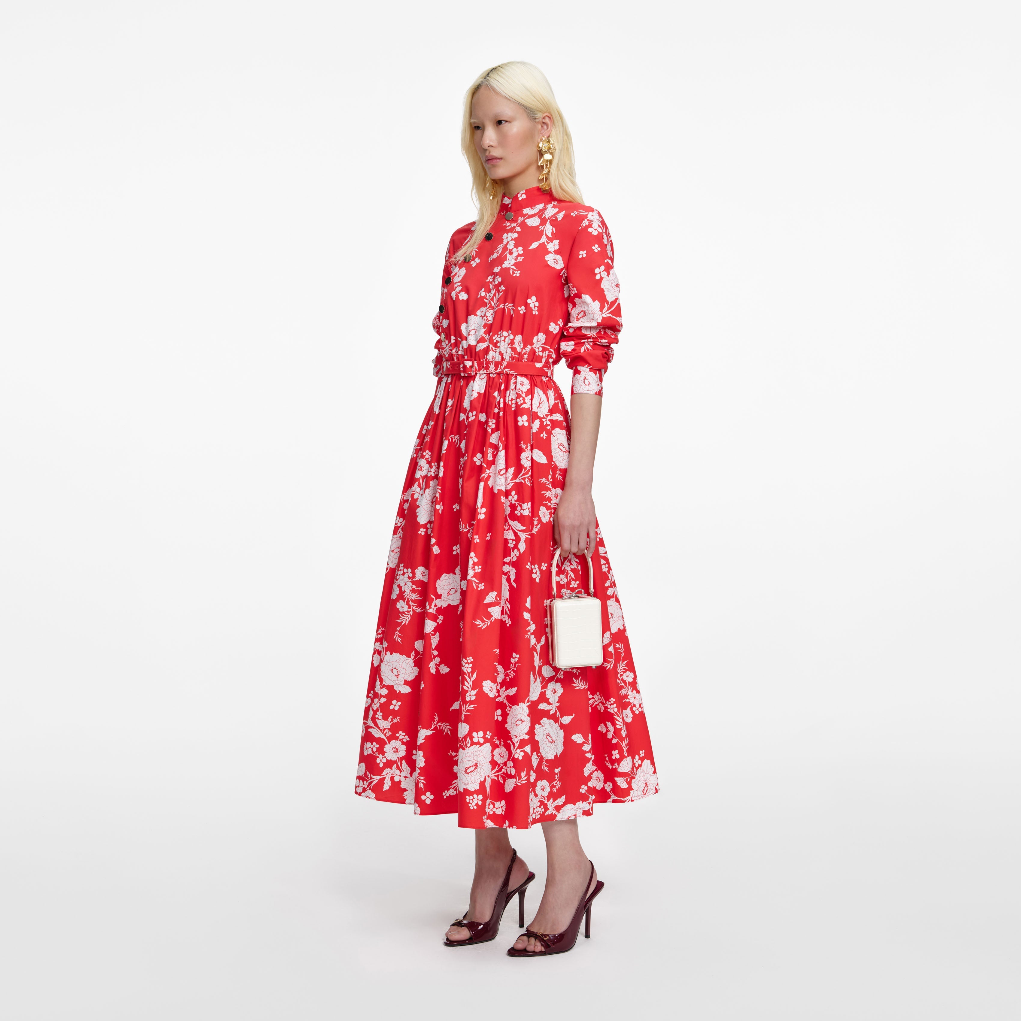 Red Floral Cotton Midi Dress