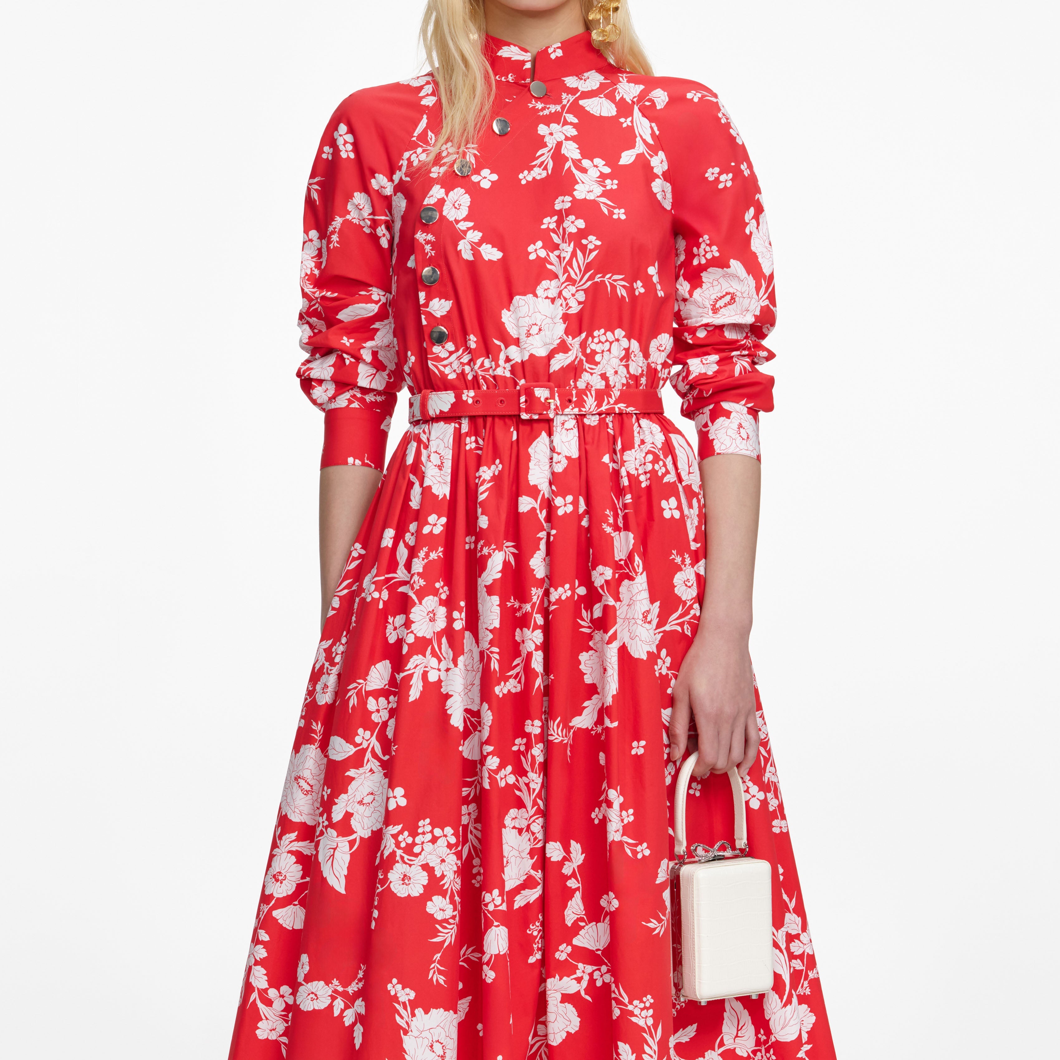 Red Floral Cotton Midi Dress