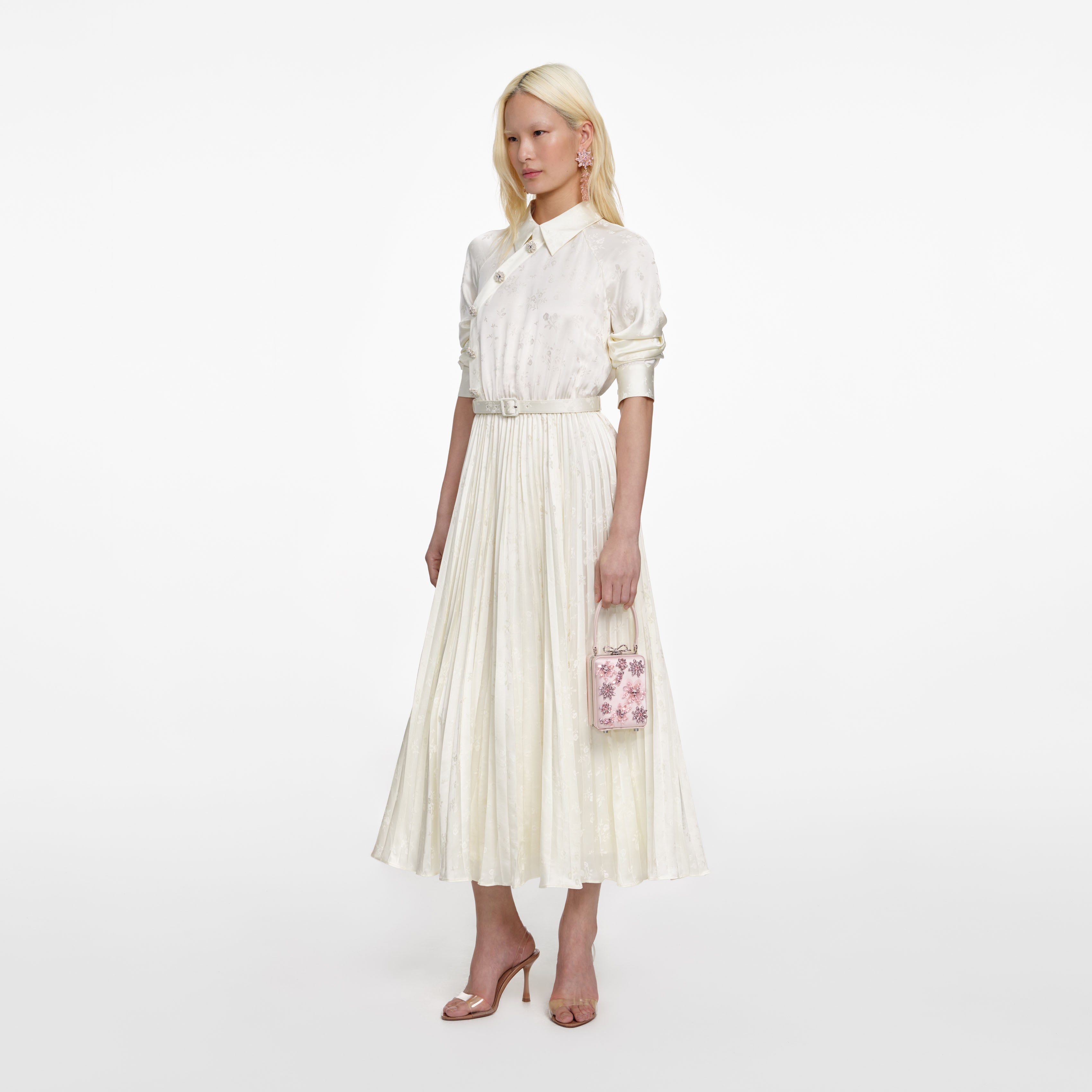 Cream Satin Jacquard Midi Dress